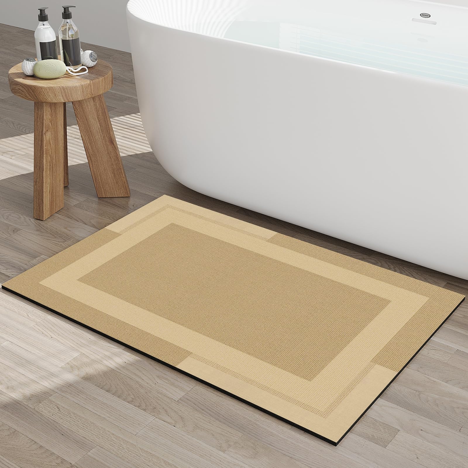 YDKGL Non Slip Bath Mat, Rubber Backing Ultra Thin Bathroom Rugs Fit Under Door Quick Dry Super Absorbent Washable Bath Rug Shower Mat for Bathroom Floor Bathtub Shower Sink, Easy Care Beige 16"x 24"