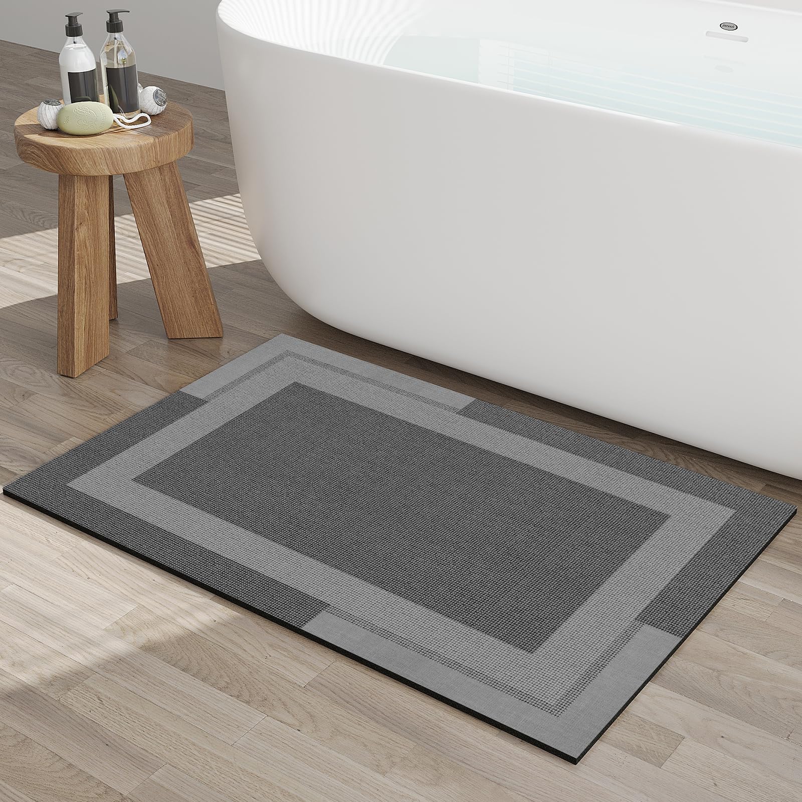 YDKGL Non Slip Bath Mat, Rubber Backing Ultra Thin Bathroom Rugs Fit Under Door Quick Dry Super Absorbent Washable Bath Rug Shower Mat for Bathroom Floor Bathtub Shower Sink, Easy Care Beige 16"x 24"