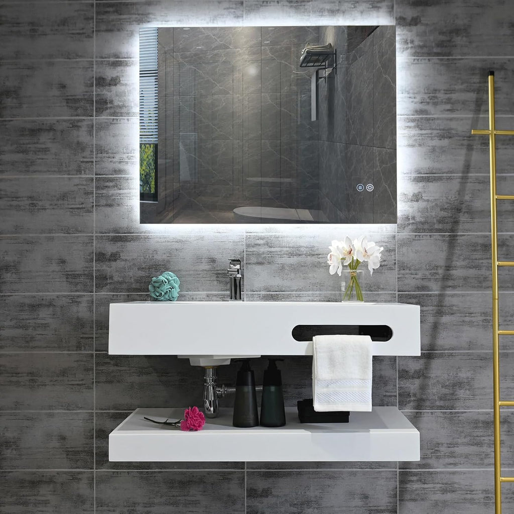 Gesipor 36"x19" Wall Mount Bathroom Vanity with Sink Stone Resin Floating Vanity Sink Rectangular Vessel Sinks for Bathroom White Trough with Shelf Layer (Mirror Not Included)