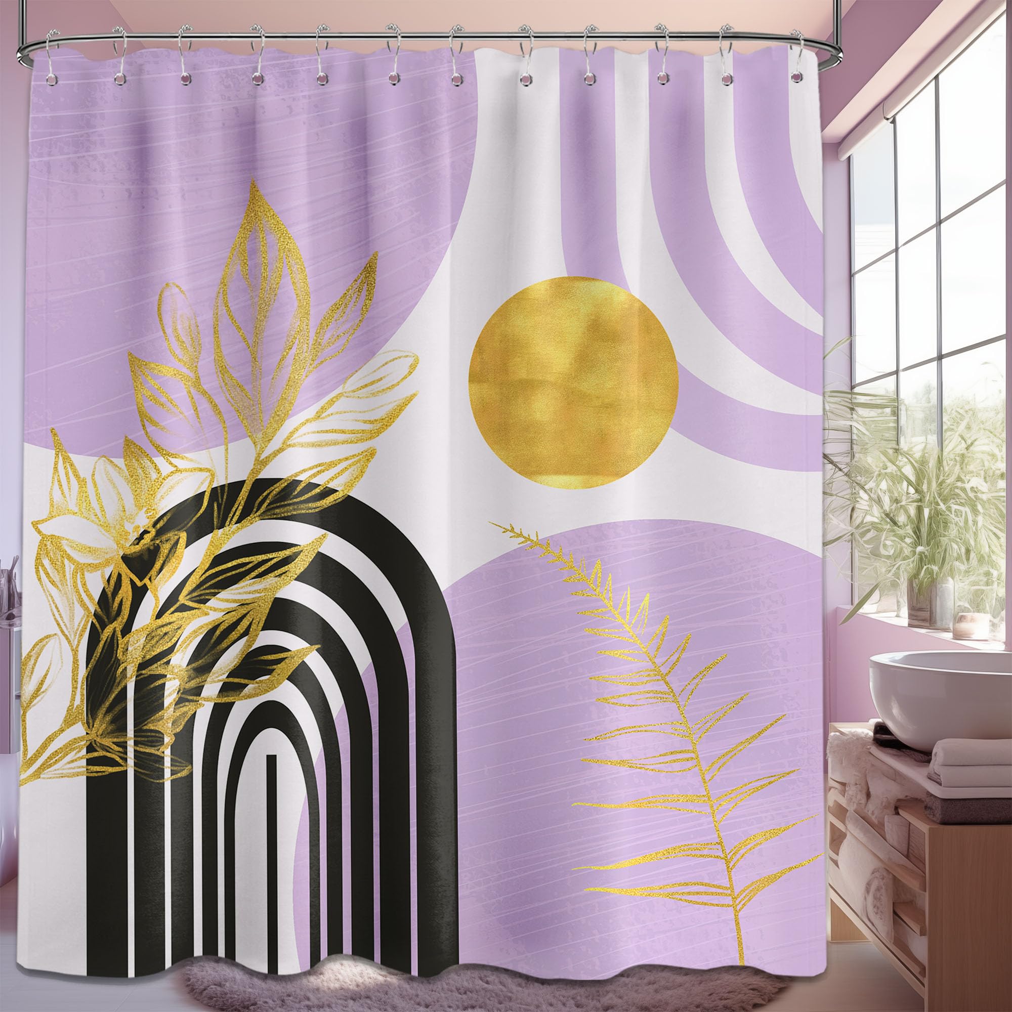 Mid Century Modern Black and Brown Shower Curtain Boho Beige and Dark Tan Gold Shower Curtains for Mens Bathroom Decor Sets, Waterproof Cloth Fabric with Hooks, 70x72in