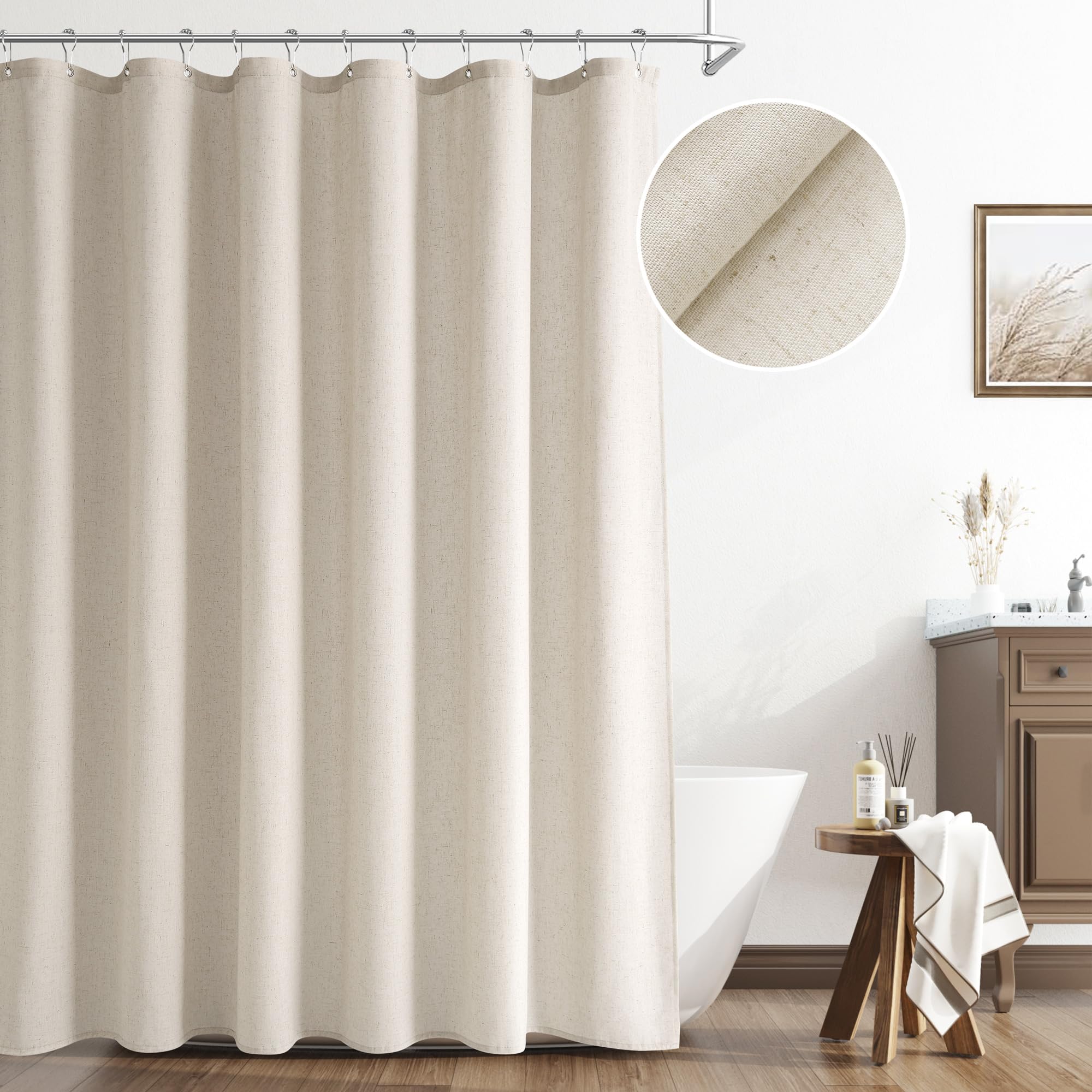 Naturoom Natural Linen Shower Curtain, Country Boho Farmhouse Bath Decor Beige Shower Curtains for Bathroom Neutral Cloth Weighted Textured Fabric Bath Curtain Liner with Hooks, Cream, 72 Inch