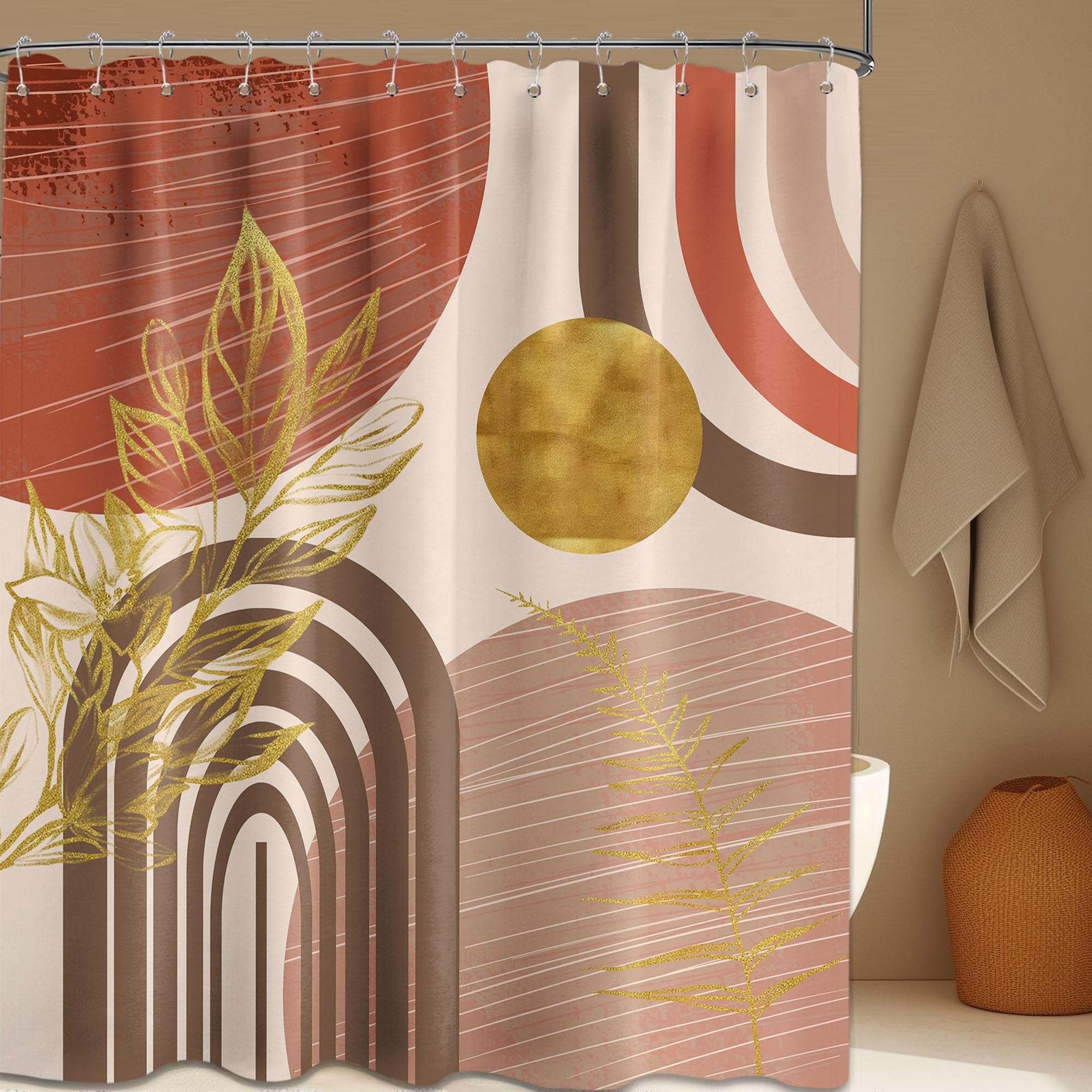Mid Century Modern Black and Brown Shower Curtain Boho Beige and Dark Tan Gold Shower Curtains for Mens Bathroom Decor Sets, Waterproof Cloth Fabric with Hooks, 70x72in
