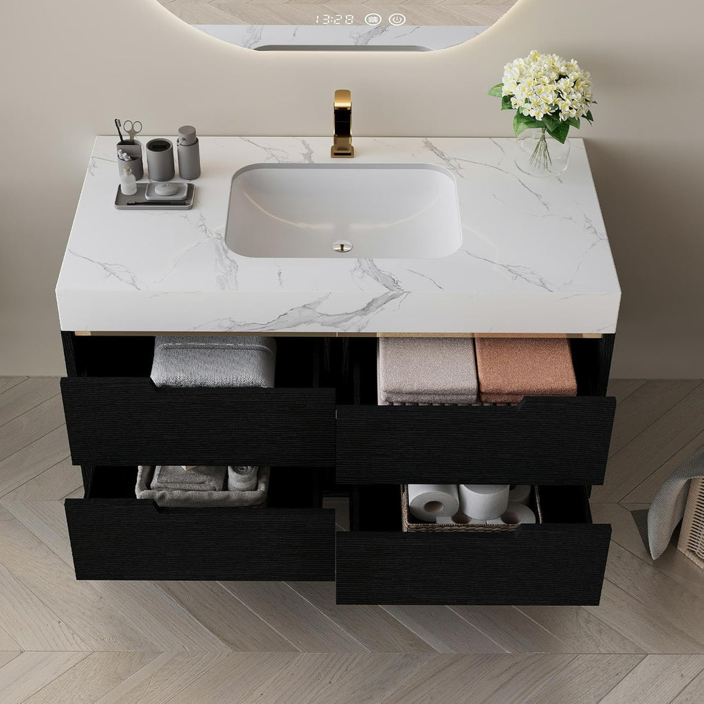 Glintee 36" Modern Bathroom Vanity with Ceramic Sink – Sintered Stone Top, 4 Soft-Close Drawers, Sturdy Solid Wood Cabinet, Wall-Mounted or Freestanding, Easy Assembly, Black & White