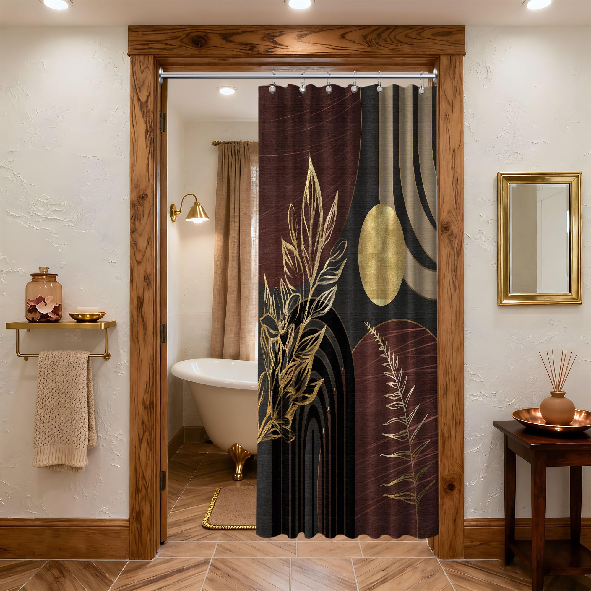 Mid Century Modern Black and Brown Shower Curtain Boho Beige and Dark Tan Gold Shower Curtains for Mens Bathroom Decor Sets, Waterproof Cloth Fabric with Hooks, 70x72in