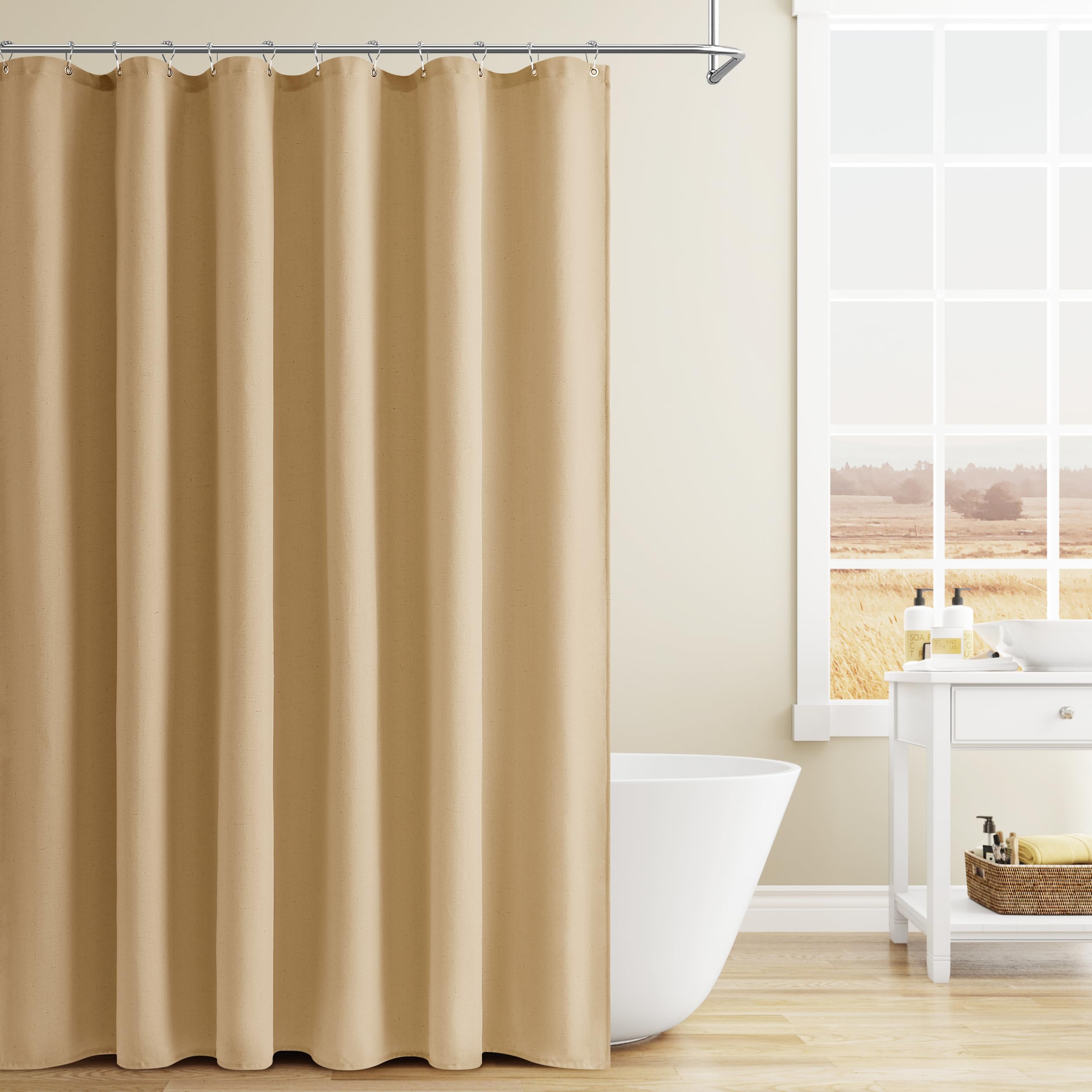 Naturoom Natural Linen Shower Curtain, Country Boho Farmhouse Bath Decor Beige Shower Curtains for Bathroom Neutral Cloth Weighted Textured Fabric Bath Curtain Liner with Hooks, Cream, 72 Inch