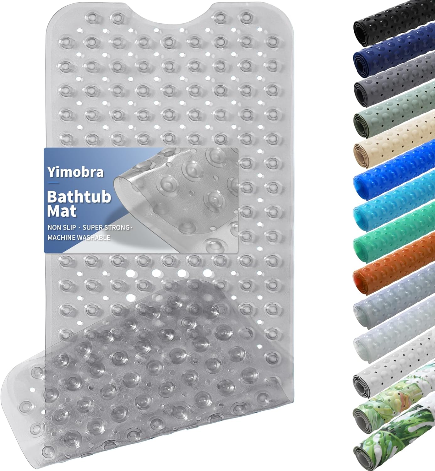 Yimobra Non Slip Bathtub Mat 40"x16", Super Strong Suction Cups, Extra Long Shower Mat with Drain Holes, Machine Washable Fast Draining Bathroom Floor Mat, Clear Grey