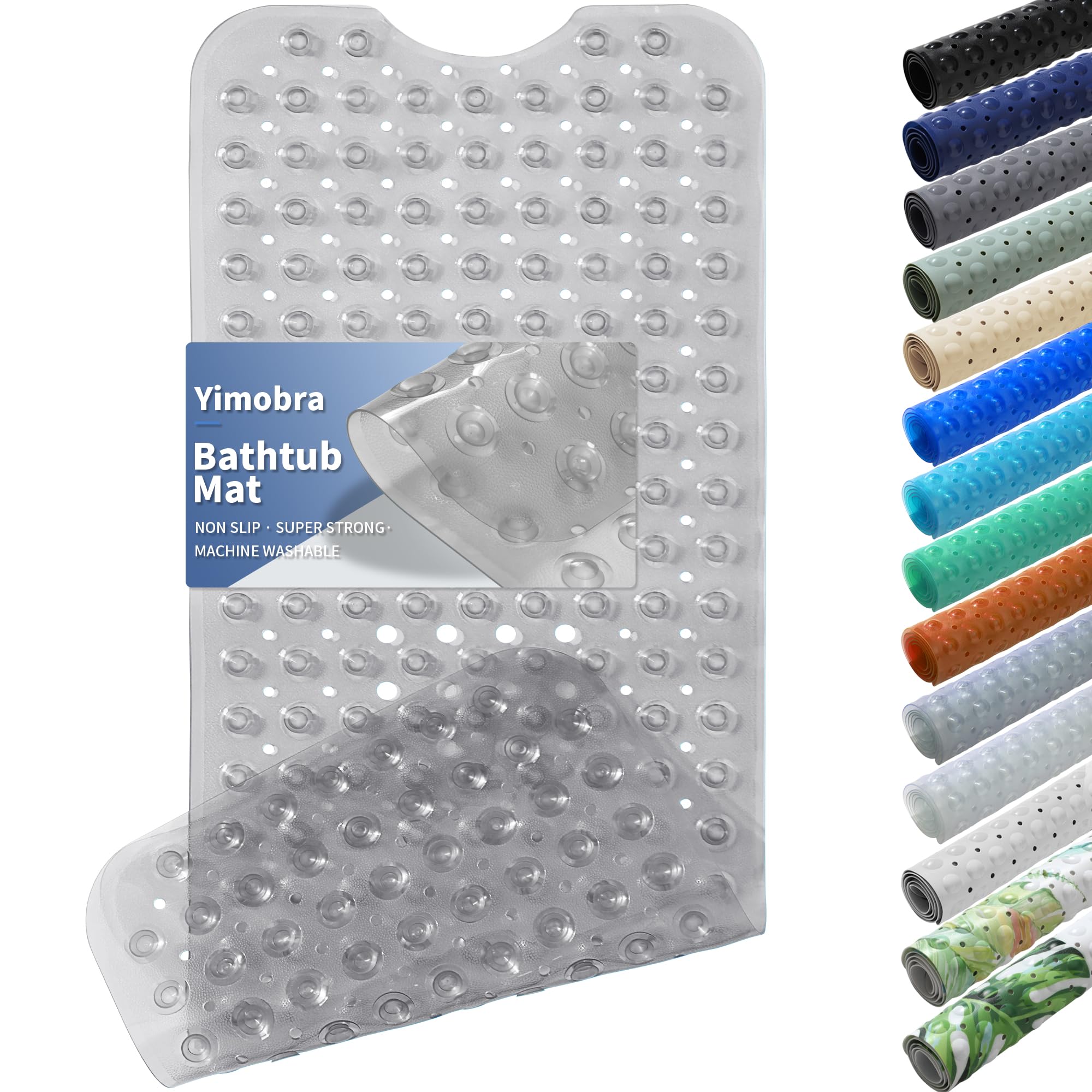 Yimobra Non Slip Bathtub Mat 40"x16", Super Strong Suction Cups, Extra Long Shower Mat with Drain Holes, Machine Washable Fast Draining Bathroom Floor Mat, Clear Grey