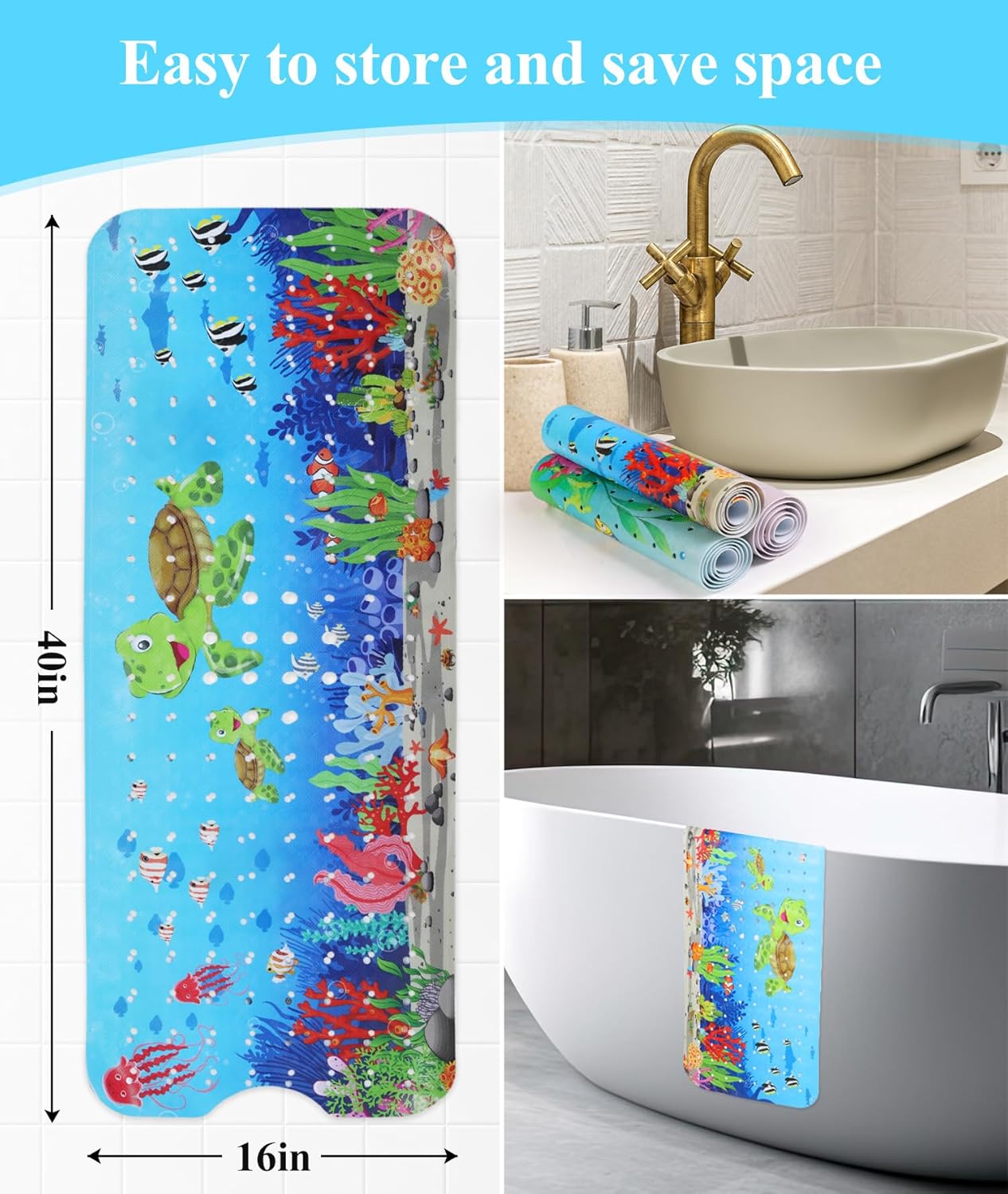Secopad Bath Mat for Tub Non Slip, Machine Washable Anti-Slip Cartoon Baby Bathtub Shower Mat with Drain Holes and Suction Cups for Toddler & Kids (40 Inch x 16 Inch-Rectangular, Turtles)