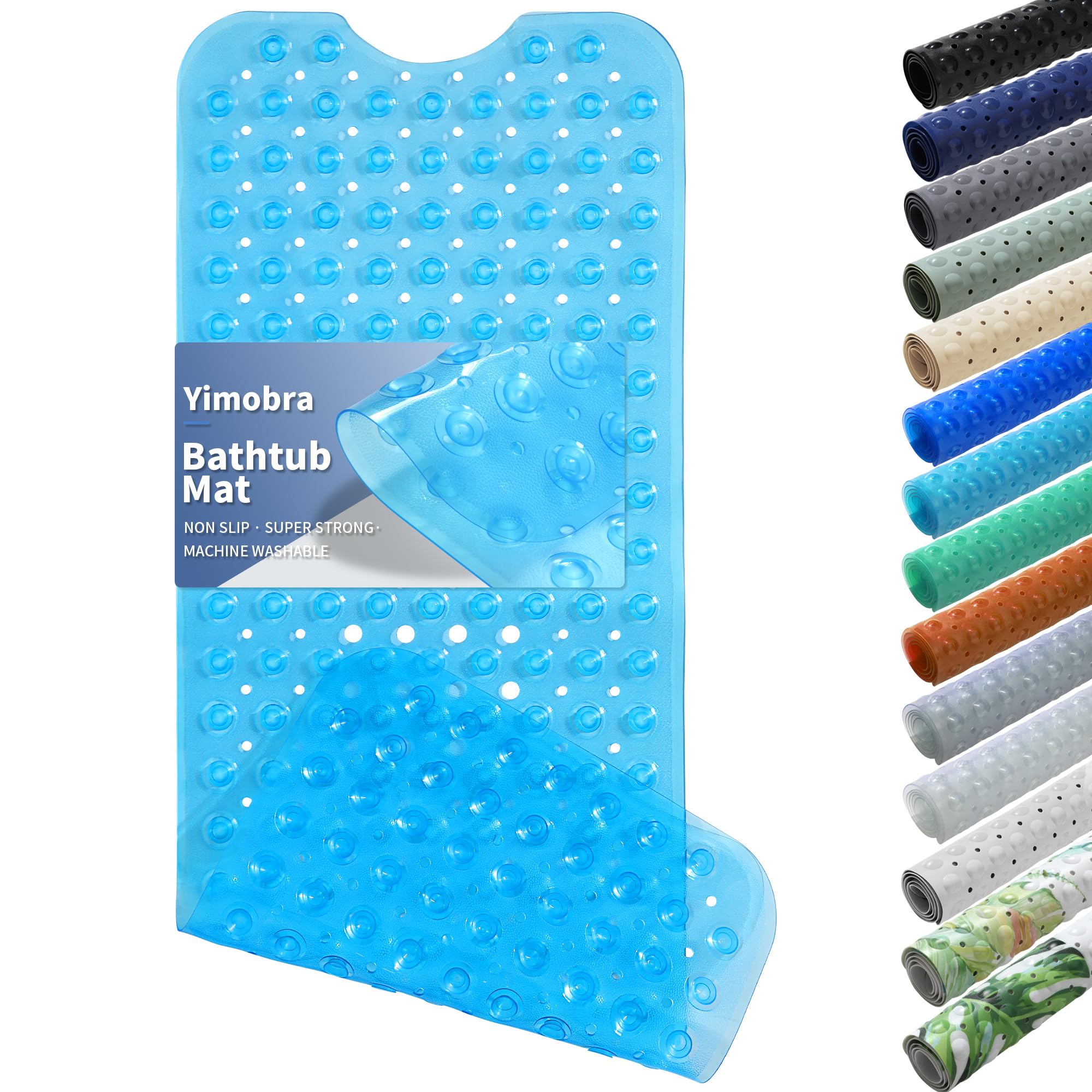 Yimobra Non Slip Bathtub Mat 40"x16", Super Strong Suction Cups, Extra Long Shower Mat with Drain Holes, Machine Washable Fast Draining Bathroom Floor Mat, Clear Grey