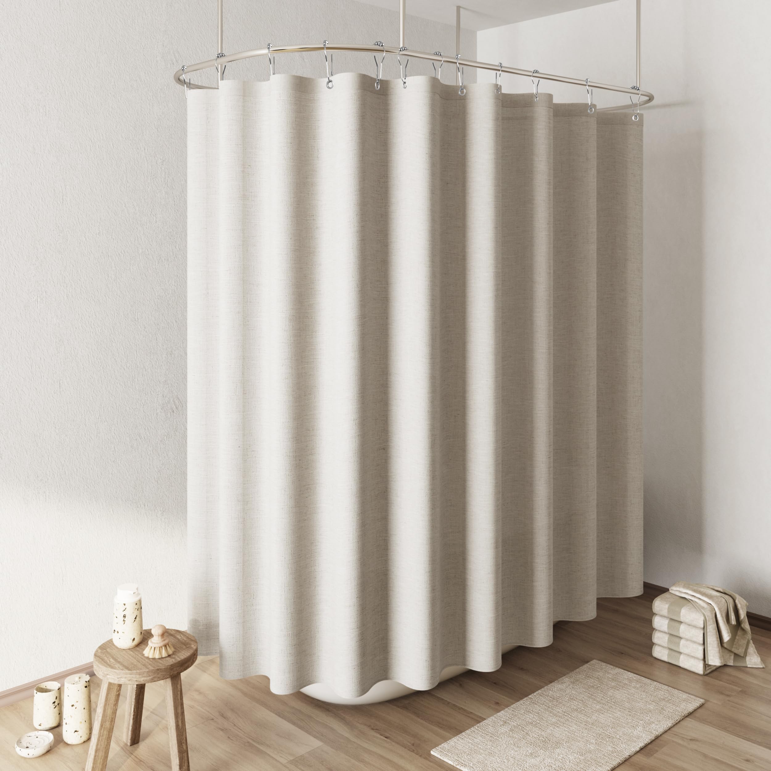 Naturoom Natural Linen Shower Curtain, Country Boho Farmhouse Bath Decor Beige Shower Curtains for Bathroom Neutral Cloth Weighted Textured Fabric Bath Curtain Liner with Hooks, Cream, 72 Inch