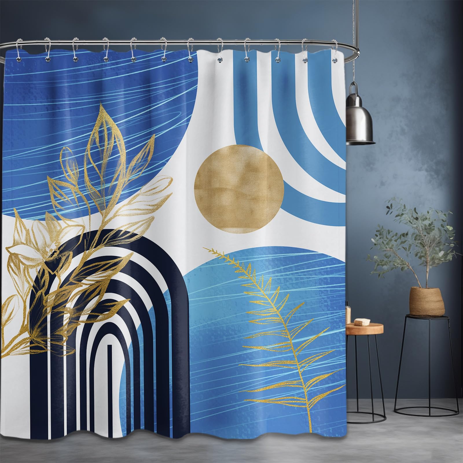 Mid Century Modern Black and Brown Shower Curtain Boho Beige and Dark Tan Gold Shower Curtains for Mens Bathroom Decor Sets, Waterproof Cloth Fabric with Hooks, 70x72in