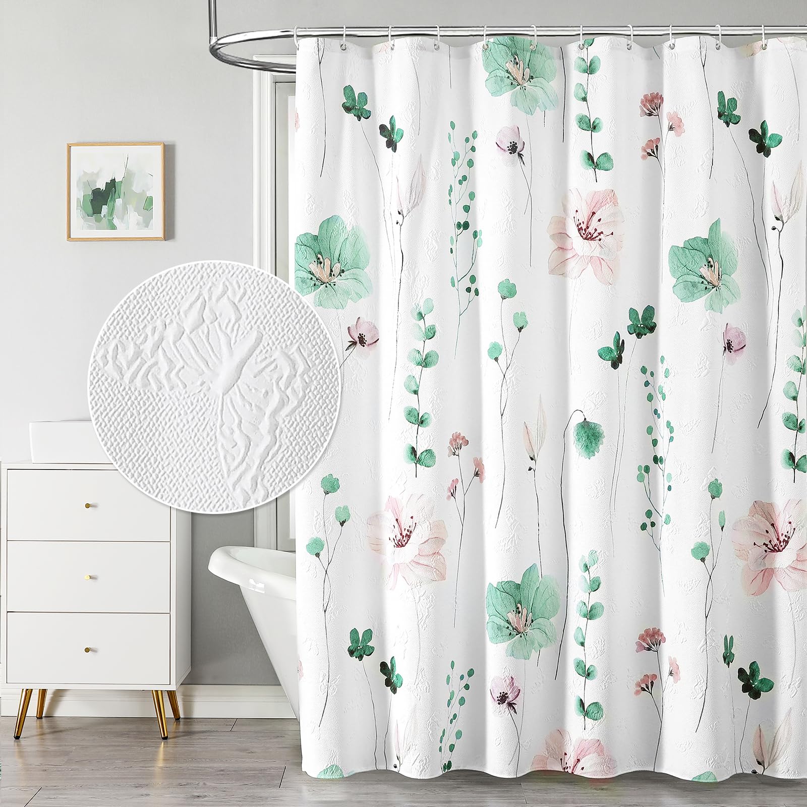 QiyI Watercolor Floral Shower Curtain, 3D Embossed Butterflies Grey Beige Flower Bathroom Curtains, Minimalist White Cloth Bath Curtain, Waterproof Fabric Textured Shower Curtain Set with Hooks, 72x72