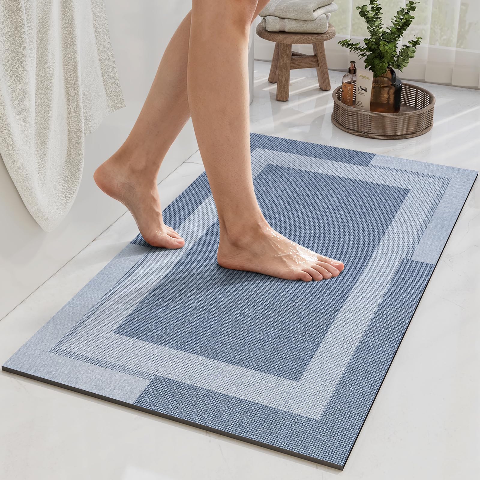 YDKGL Non Slip Bath Mat, Rubber Backing Ultra Thin Bathroom Rugs Fit Under Door Quick Dry Super Absorbent Washable Bath Rug Shower Mat for Bathroom Floor Bathtub Shower Sink, Easy Care Beige 16"x 24"