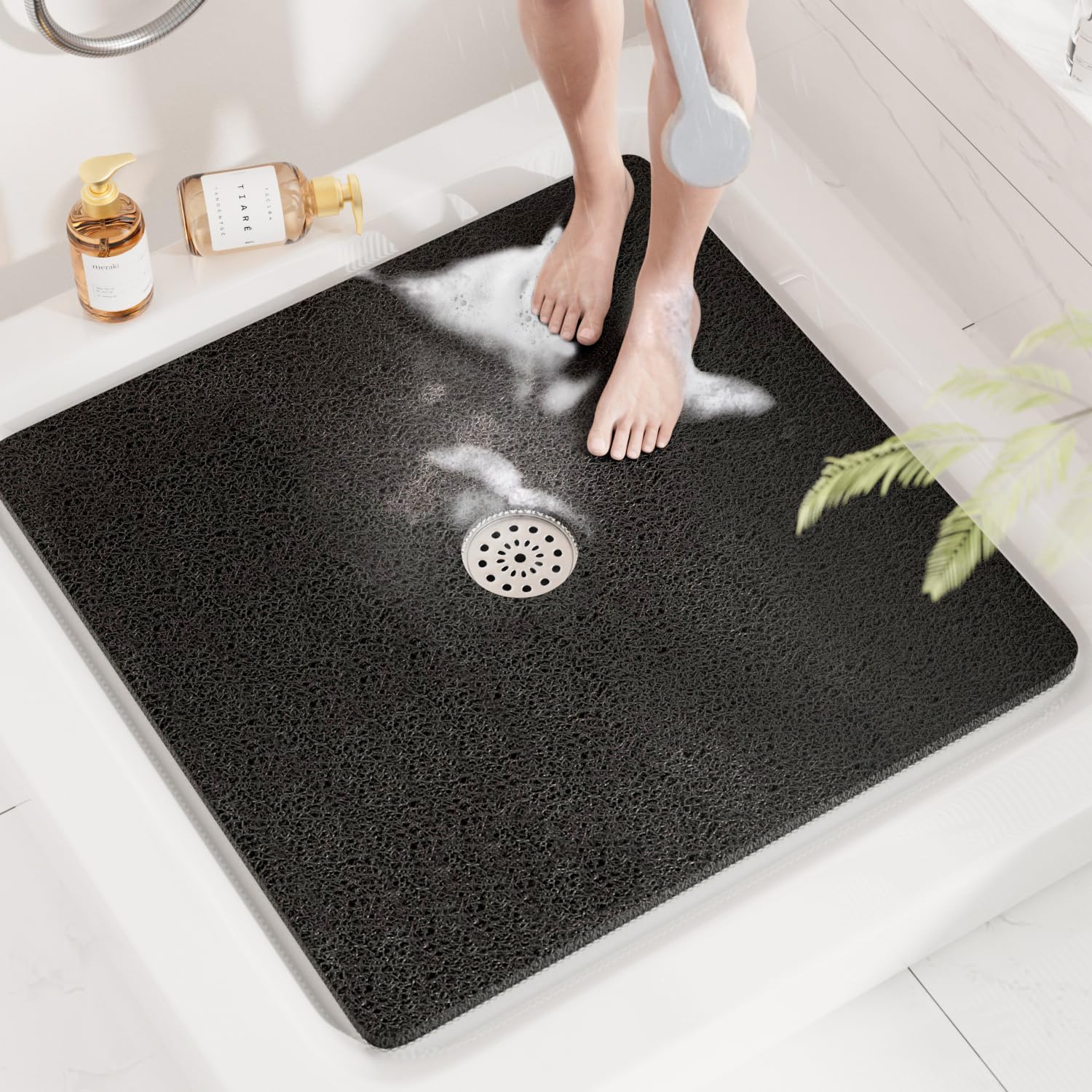 HITSLAM Square Shower Mat, 24 x 24 Inch Non Slip Bath Mat for Tub, Soft PVC Loofah Bathtub Mats with Drain Holes, Quick Drying Bathroom Stall Floor Mat, Bathroom Accessories Without Suction Cup, Grey