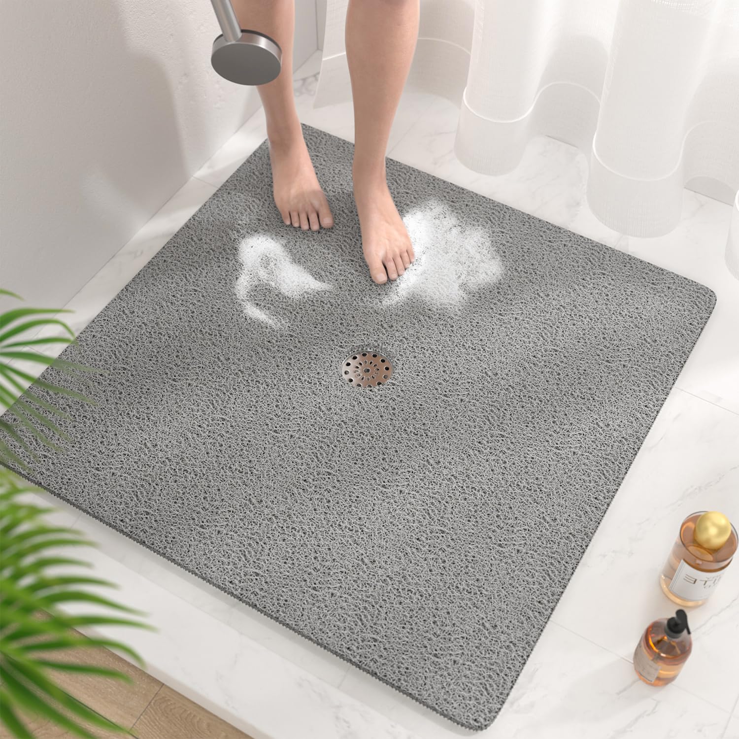 HITSLAM Square Shower Mat, 24 x 24 Inch Non Slip Bath Mat for Tub, Soft PVC Loofah Bathtub Mats with Drain Holes, Quick Drying Bathroom Stall Floor Mat, Bathroom Accessories Without Suction Cup, Grey