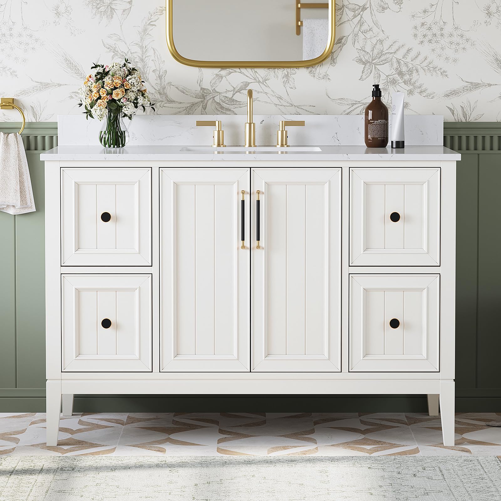 48 Inch Bathroom Vanity with Sink, Modern Steel Blue Bathroom Vanities with Soft Closing Doors & Dovetail Drawers, Quartz Countertop, No Assembly Required