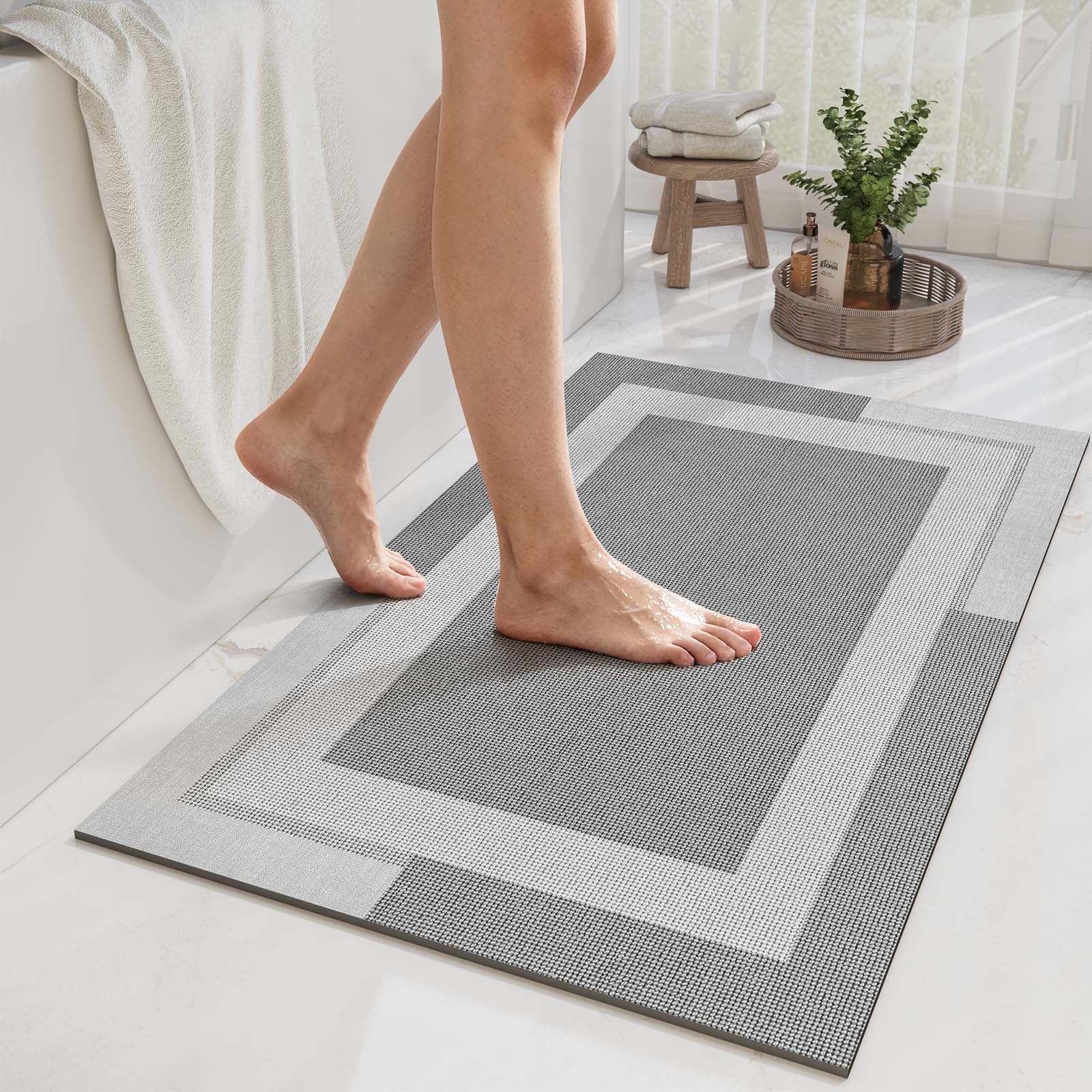 YDKGL Non Slip Bath Mat, Rubber Backing Ultra Thin Bathroom Rugs Fit Under Door Quick Dry Super Absorbent Washable Bath Rug Shower Mat for Bathroom Floor Bathtub Shower Sink, Easy Care Beige 16"x 24"