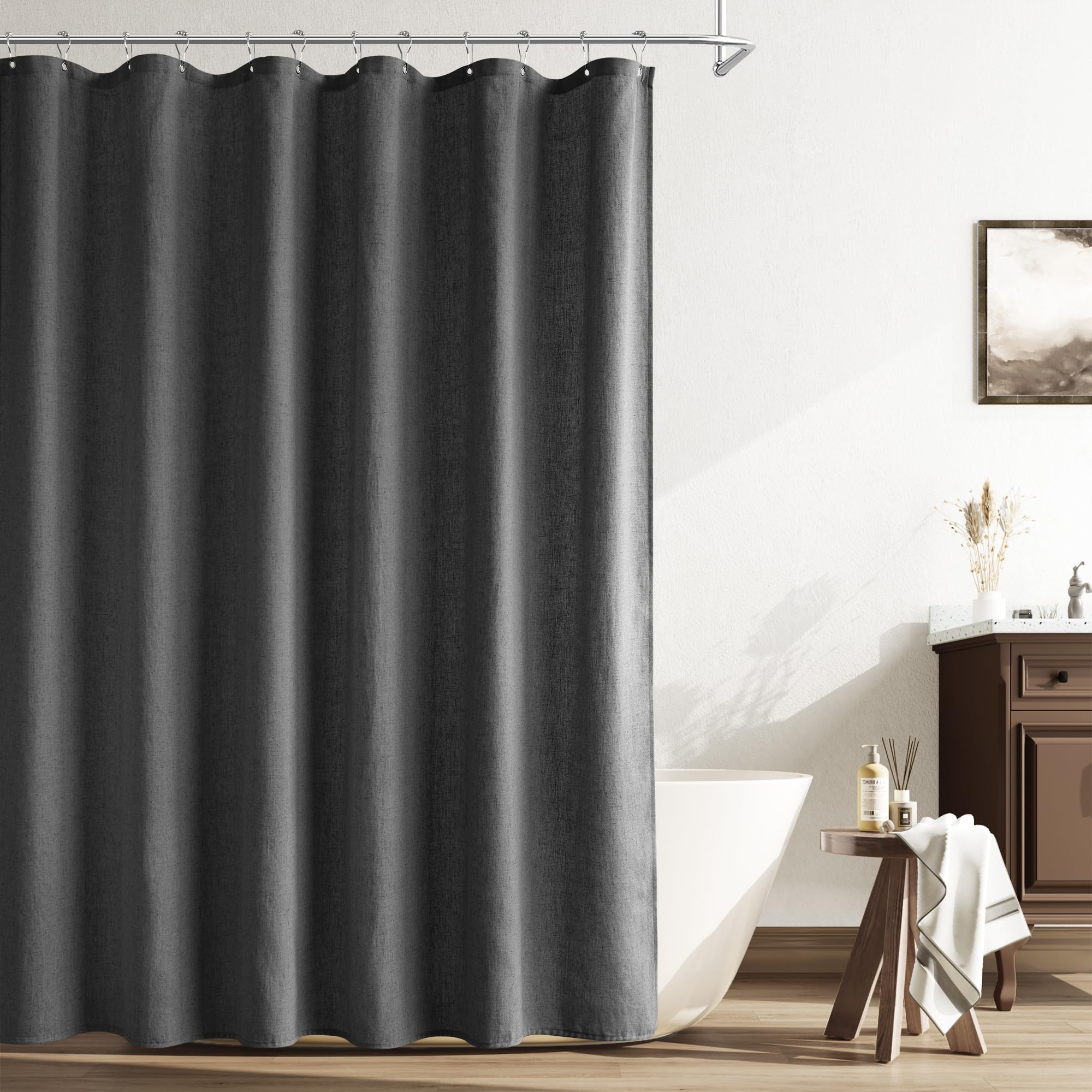 Naturoom Natural Linen Shower Curtain, Country Boho Farmhouse Bath Decor Beige Shower Curtains for Bathroom Neutral Cloth Weighted Textured Fabric Bath Curtain Liner with Hooks, Cream, 72 Inch