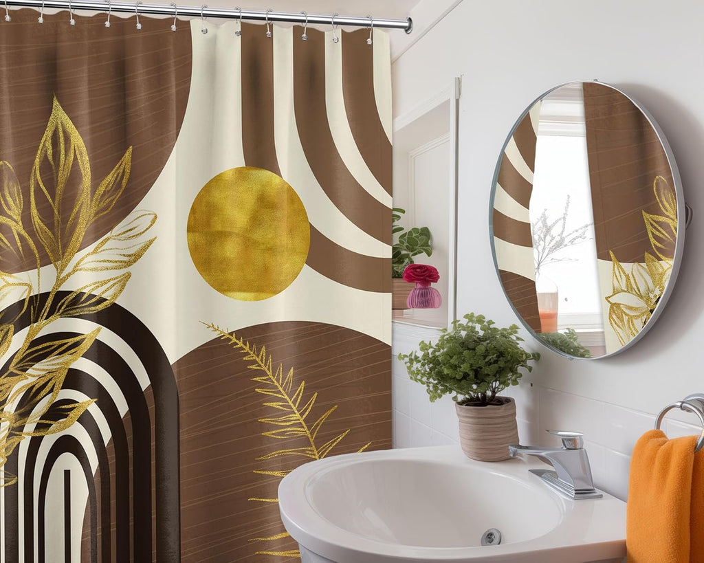 Mid Century Modern Black and Brown Shower Curtain Boho Beige and Dark Tan Gold Shower Curtains for Mens Bathroom Decor Sets, Waterproof Cloth Fabric with Hooks, 70x72in