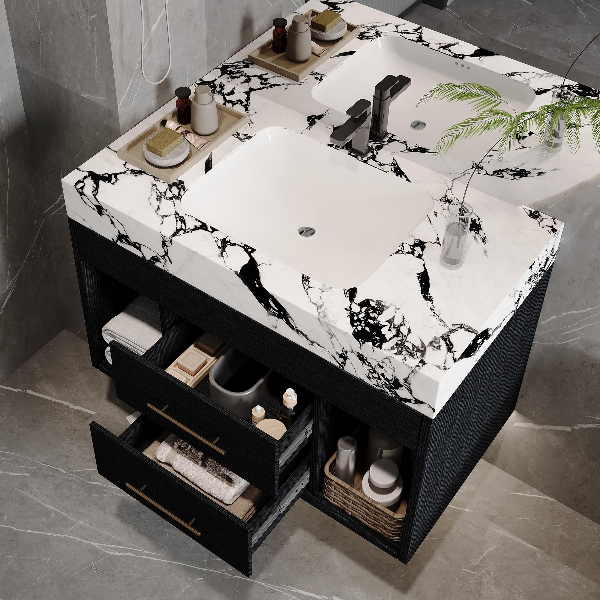 Glintee 36" Modern Bathroom Vanity with Ceramic Sink – Sintered Stone Top, 4 Soft-Close Drawers, Sturdy Solid Wood Cabinet, Wall-Mounted or Freestanding, Easy Assembly, Black & White