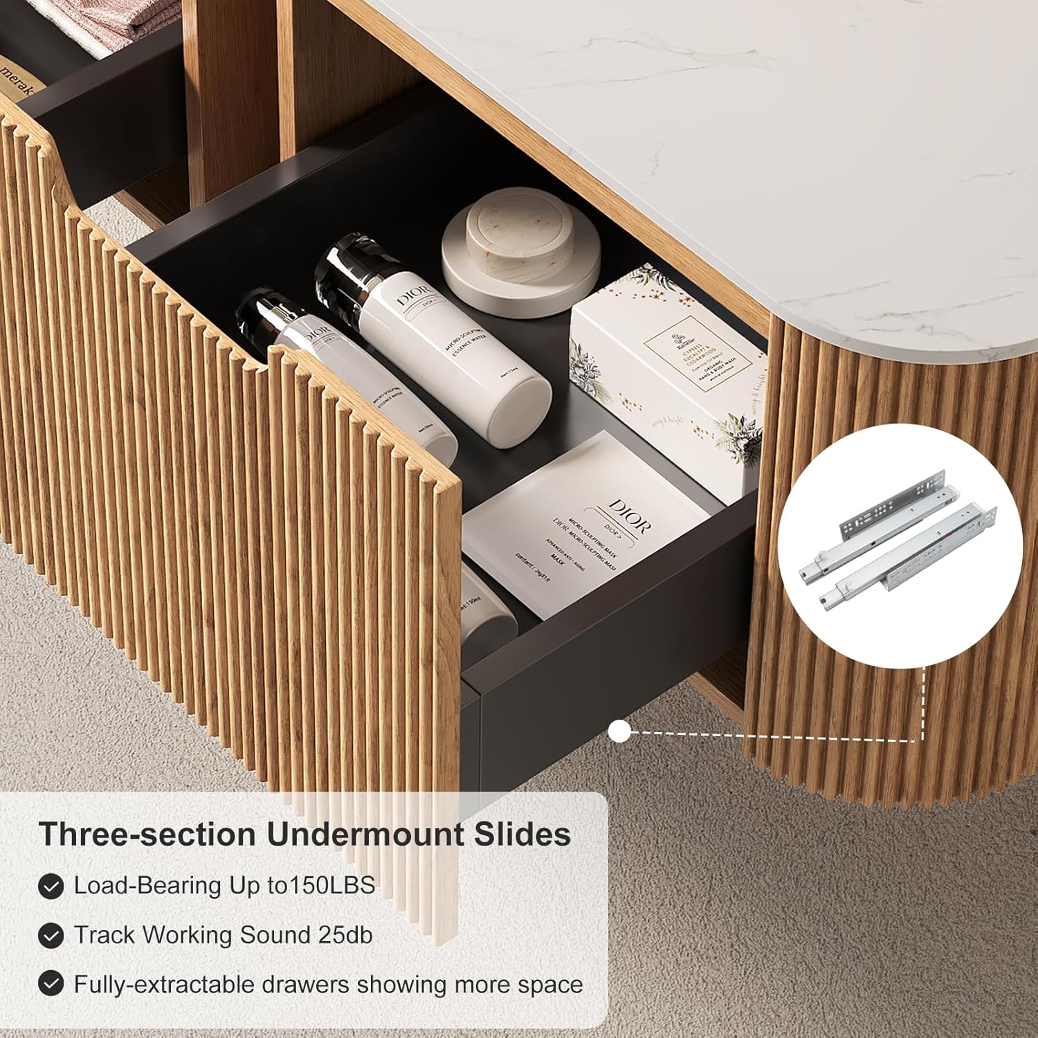 24-Inch Modern Bathroom Vanity with Sink, Floating Cabinet with Ultra-Thin Ceramic Basin and Marble Top, Extra Large Storage Drawer, Soft-Close Design, Nature Wood