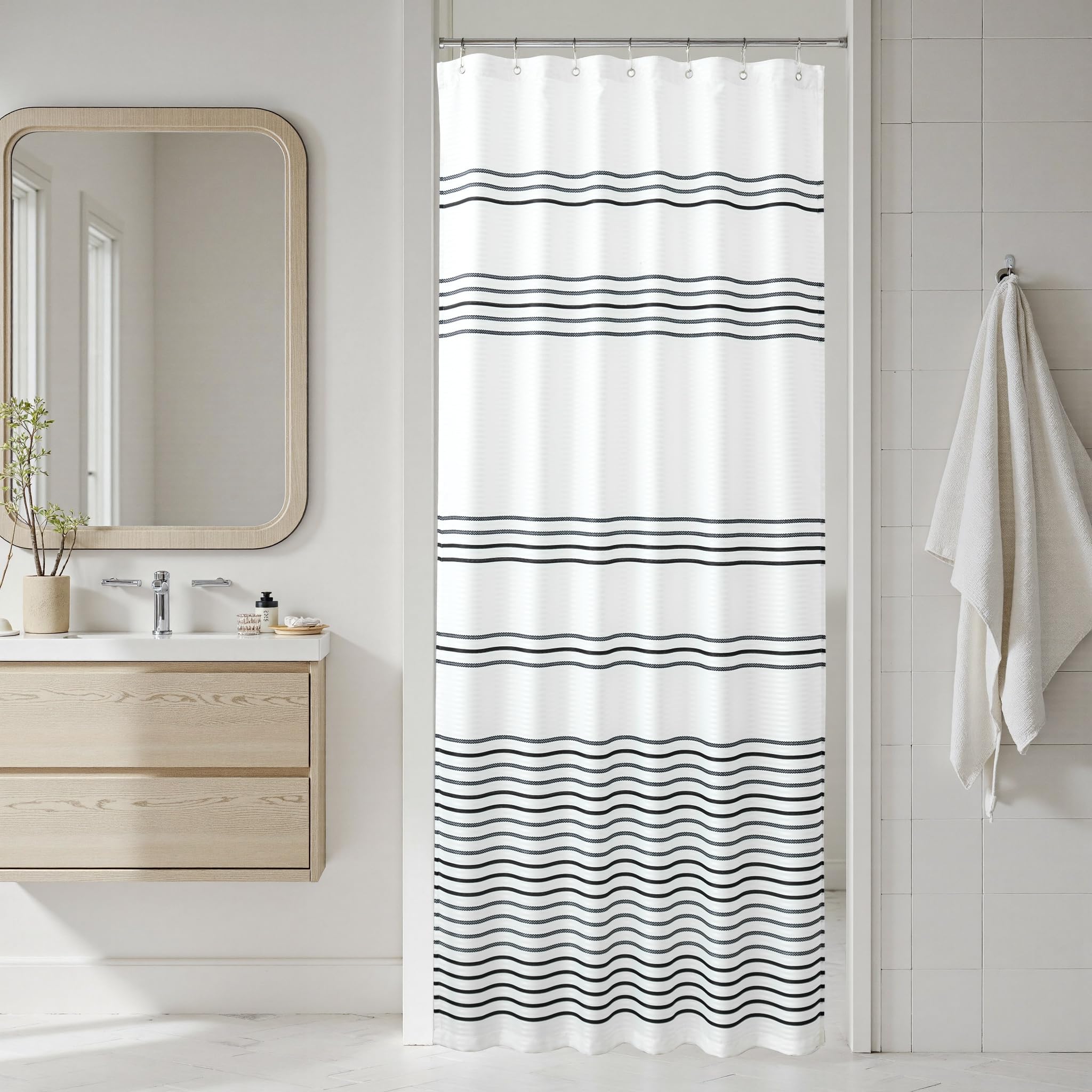 jinchan Black and White Shower Curtain for Bathroom Modern Farmhouse Striped Waterproof Fabric Shower Curtain Set with 12 Hooks Machine Washable 70x72 Inches