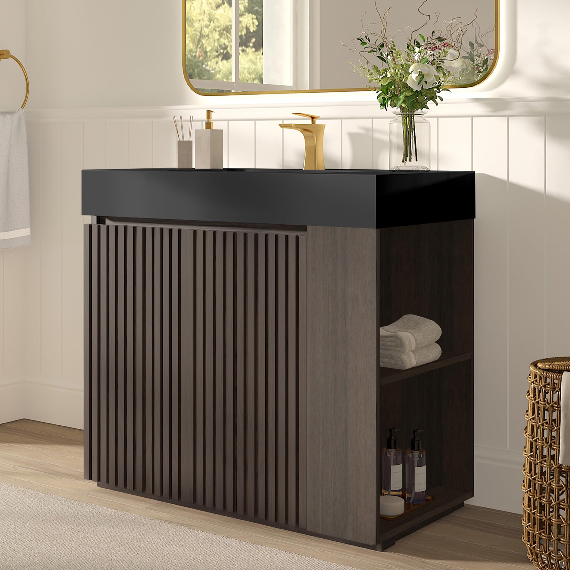 60" Bathroom Vanity with Double Sink, Freestanding Double Sink Bathroom Vanity with White Engineered Stone Top, Open Storage Cabinet & Adjustable Shelf, 4 Soft-Closing Doors, Smoked Oak Brown