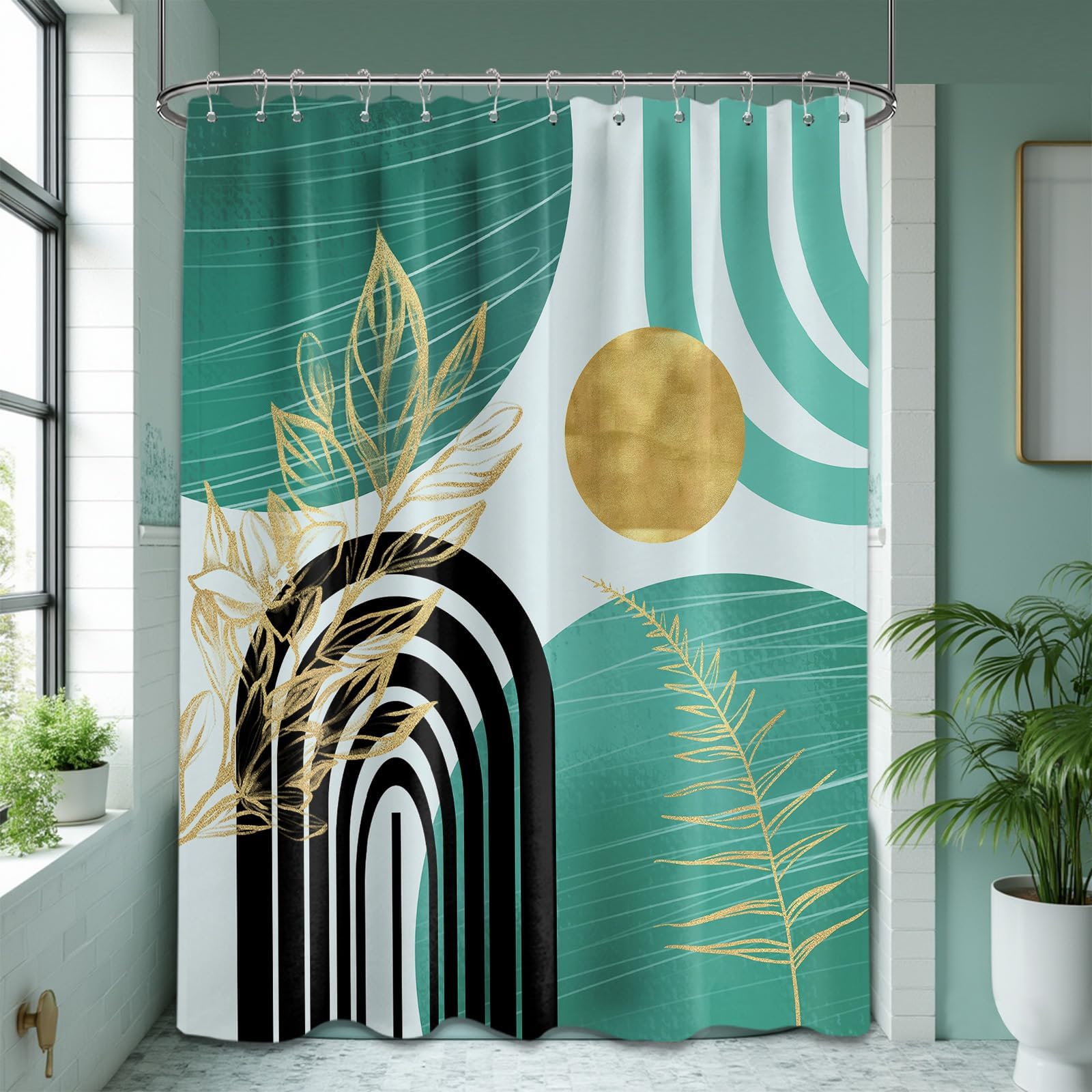 Mid Century Modern Black and Brown Shower Curtain Boho Beige and Dark Tan Gold Shower Curtains for Mens Bathroom Decor Sets, Waterproof Cloth Fabric with Hooks, 70x72in