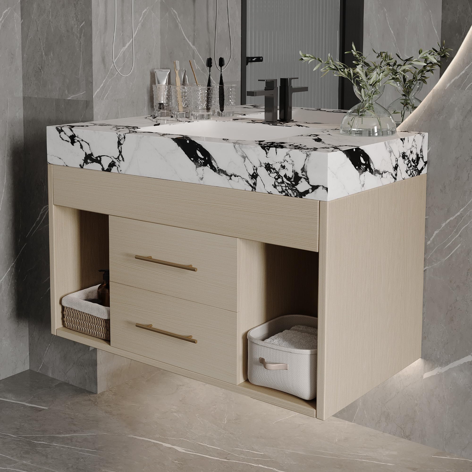 Glintee 36" Modern Bathroom Vanity with Ceramic Sink – Sintered Stone Top, 4 Soft-Close Drawers, Sturdy Solid Wood Cabinet, Wall-Mounted or Freestanding, Easy Assembly, Black & White