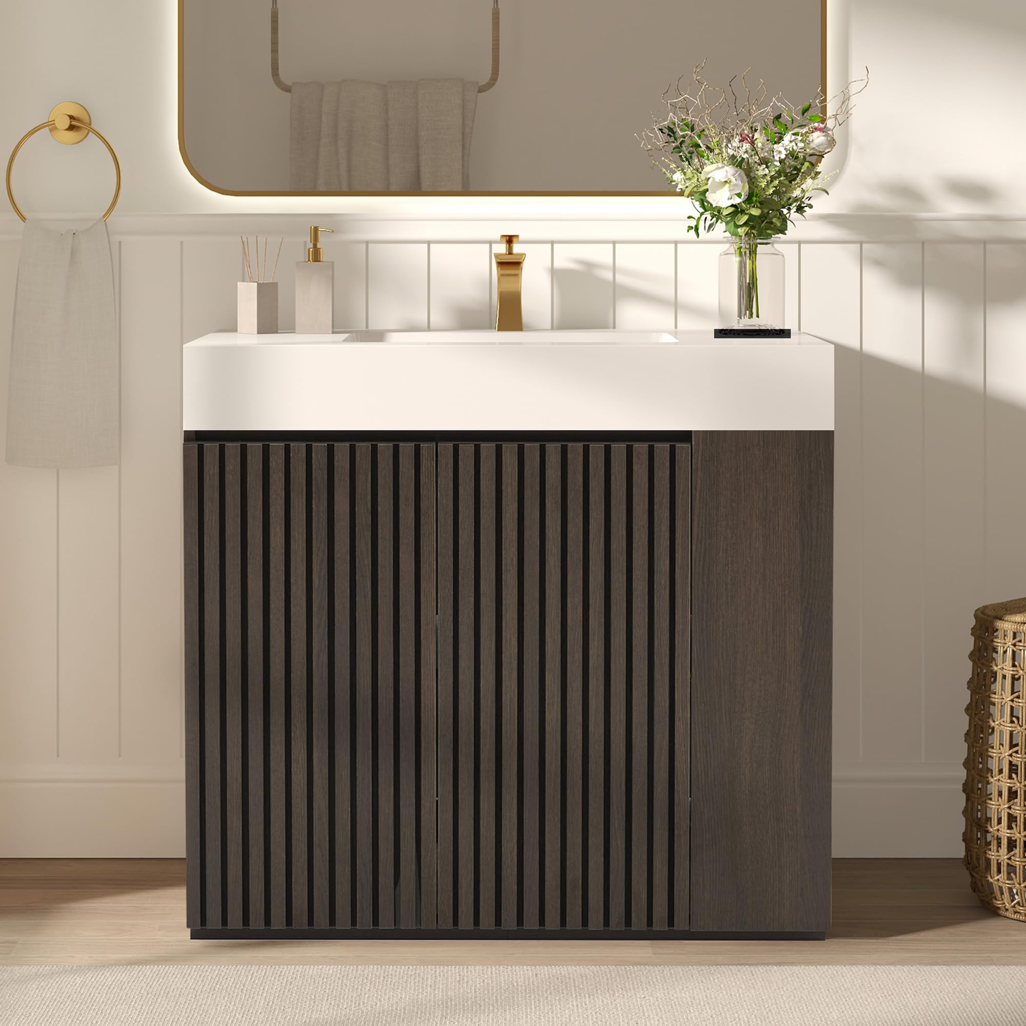 60" Bathroom Vanity with Double Sink, Freestanding Double Sink Bathroom Vanity with White Engineered Stone Top, Open Storage Cabinet & Adjustable Shelf, 4 Soft-Closing Doors, Smoked Oak Brown