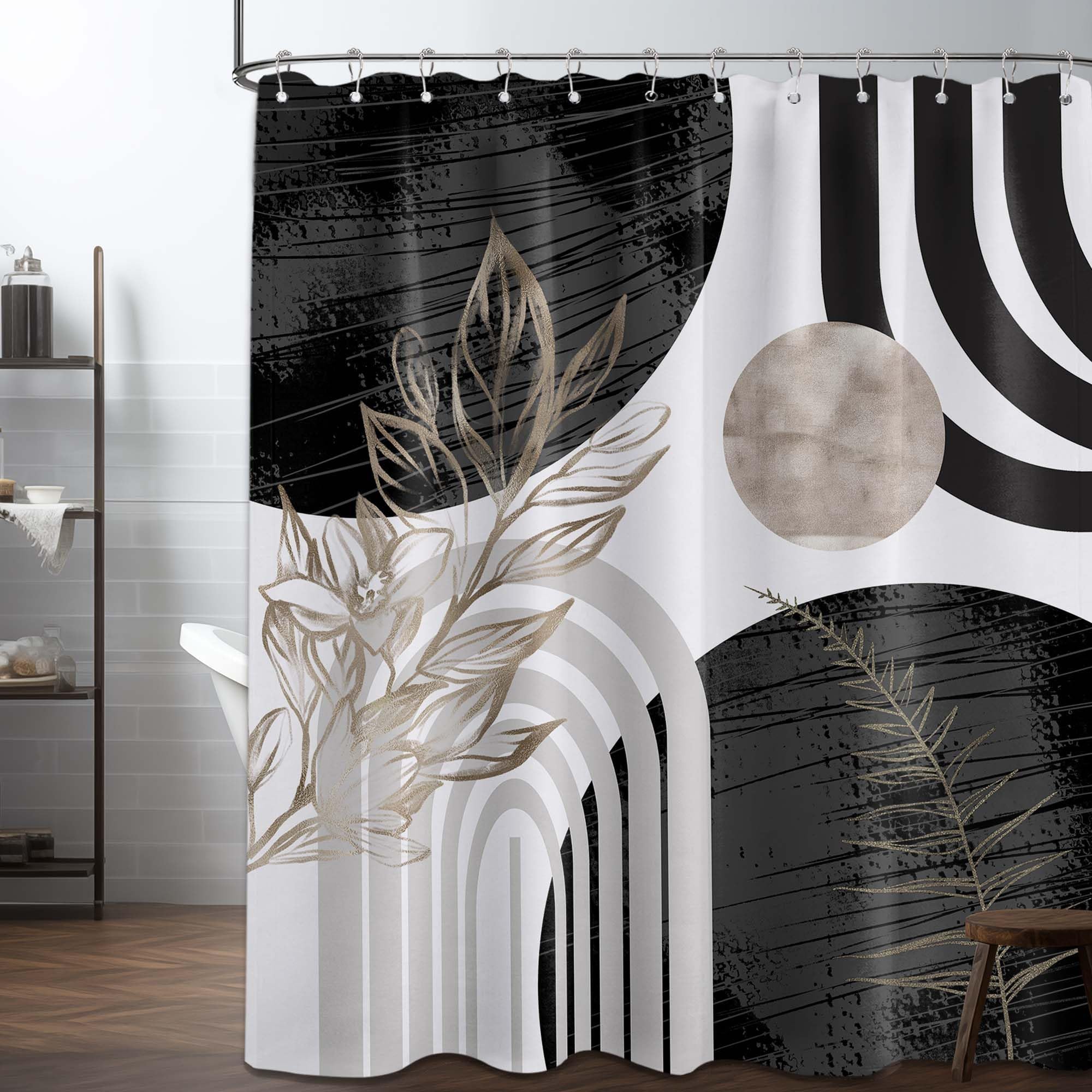 Mid Century Modern Black and Brown Shower Curtain Boho Beige and Dark Tan Gold Shower Curtains for Mens Bathroom Decor Sets, Waterproof Cloth Fabric with Hooks, 70x72in