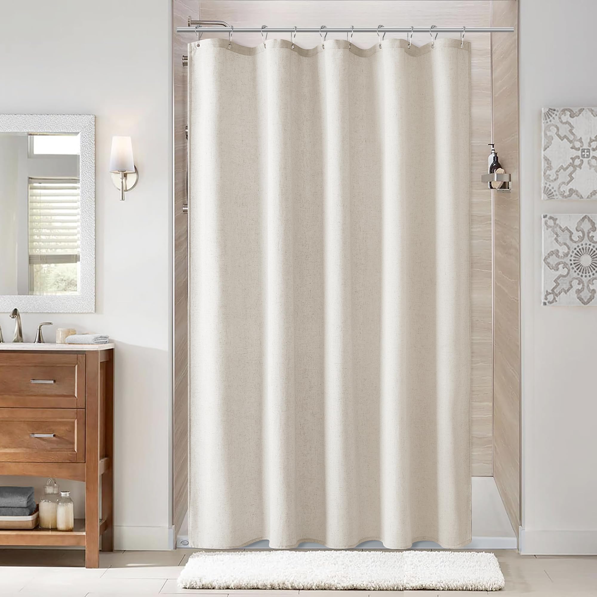Naturoom Natural Linen Shower Curtain, Country Boho Farmhouse Bath Decor Beige Shower Curtains for Bathroom Neutral Cloth Weighted Textured Fabric Bath Curtain Liner with Hooks, Cream, 72 Inch