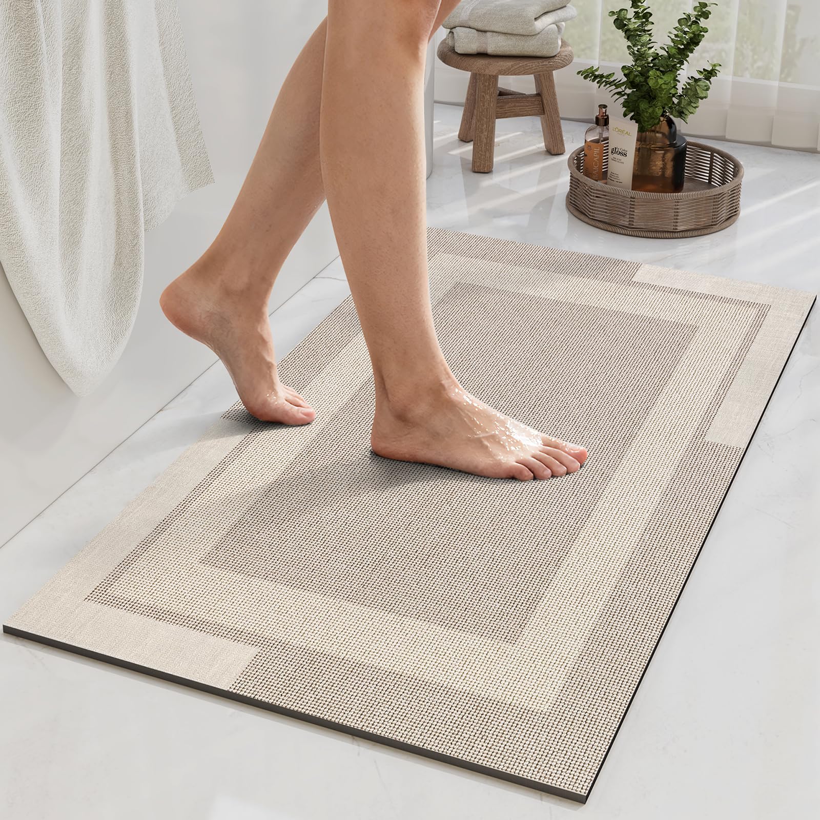 YDKGL Non Slip Bath Mat, Rubber Backing Ultra Thin Bathroom Rugs Fit Under Door Quick Dry Super Absorbent Washable Bath Rug Shower Mat for Bathroom Floor Bathtub Shower Sink, Easy Care Beige 16"x 24"