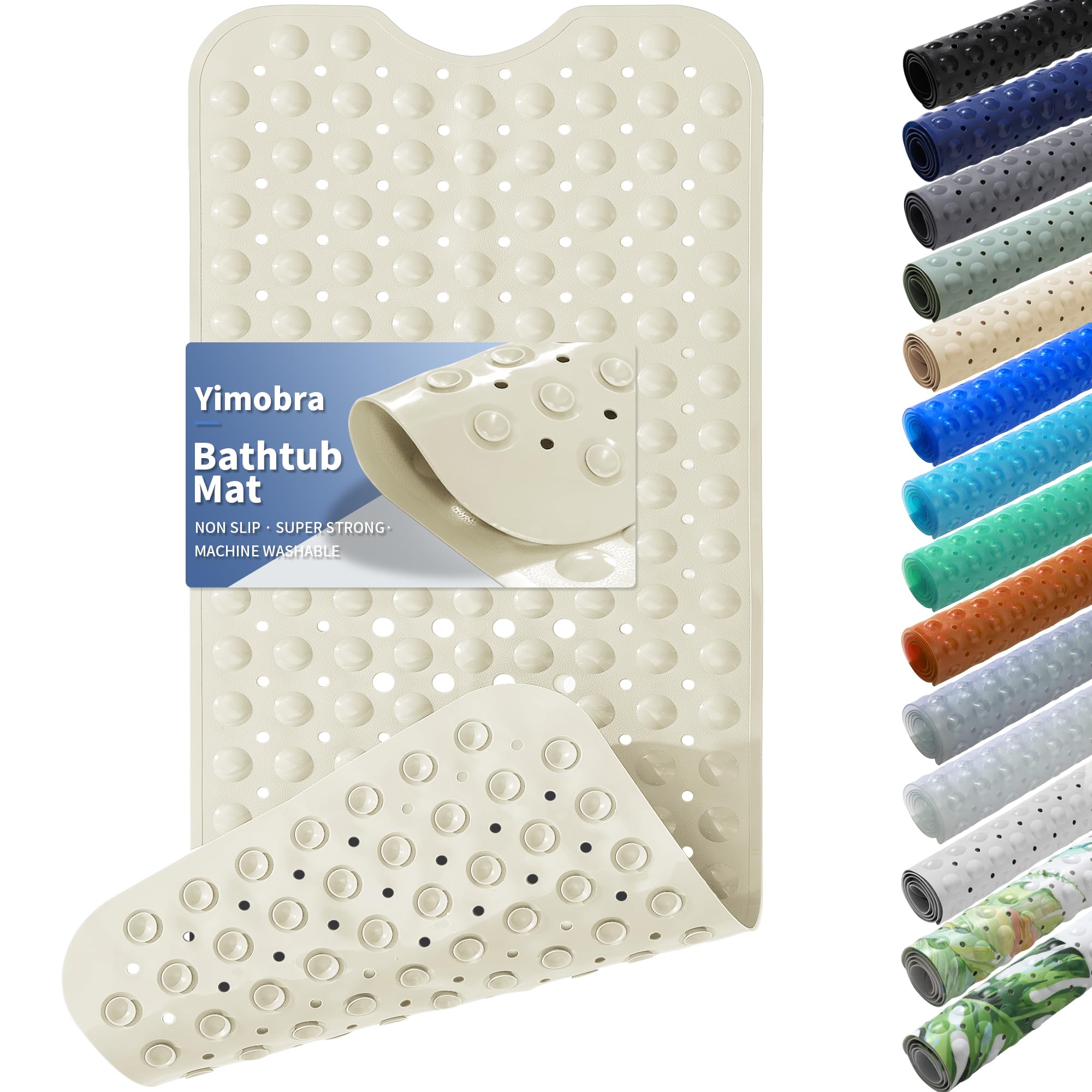 Yimobra Non Slip Bathtub Mat 40"x16", Super Strong Suction Cups, Extra Long Shower Mat with Drain Holes, Machine Washable Fast Draining Bathroom Floor Mat, Clear Grey