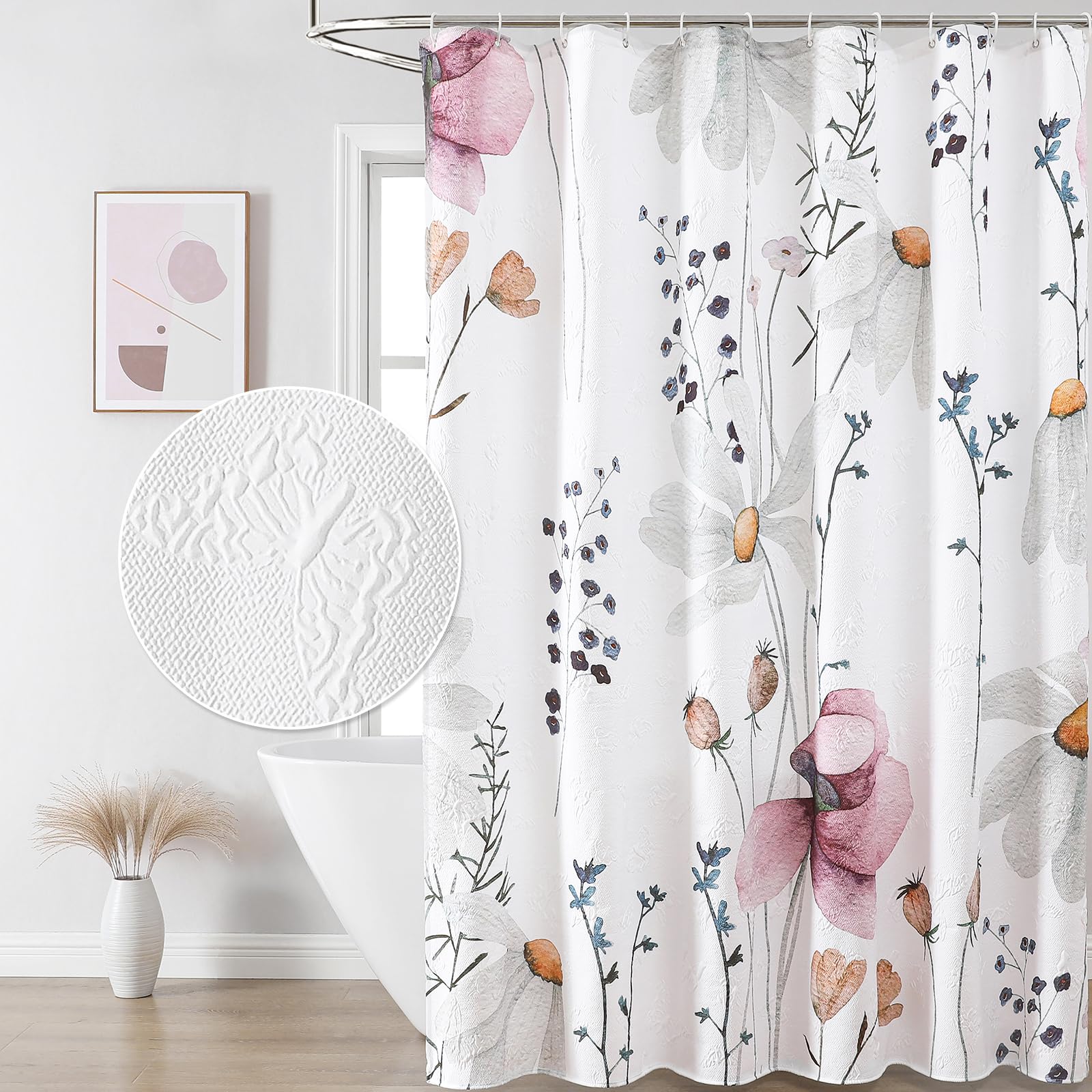 QiyI Watercolor Floral Shower Curtain, 3D Embossed Butterflies Grey Beige Flower Bathroom Curtains, Minimalist White Cloth Bath Curtain, Waterproof Fabric Textured Shower Curtain Set with Hooks, 72x72