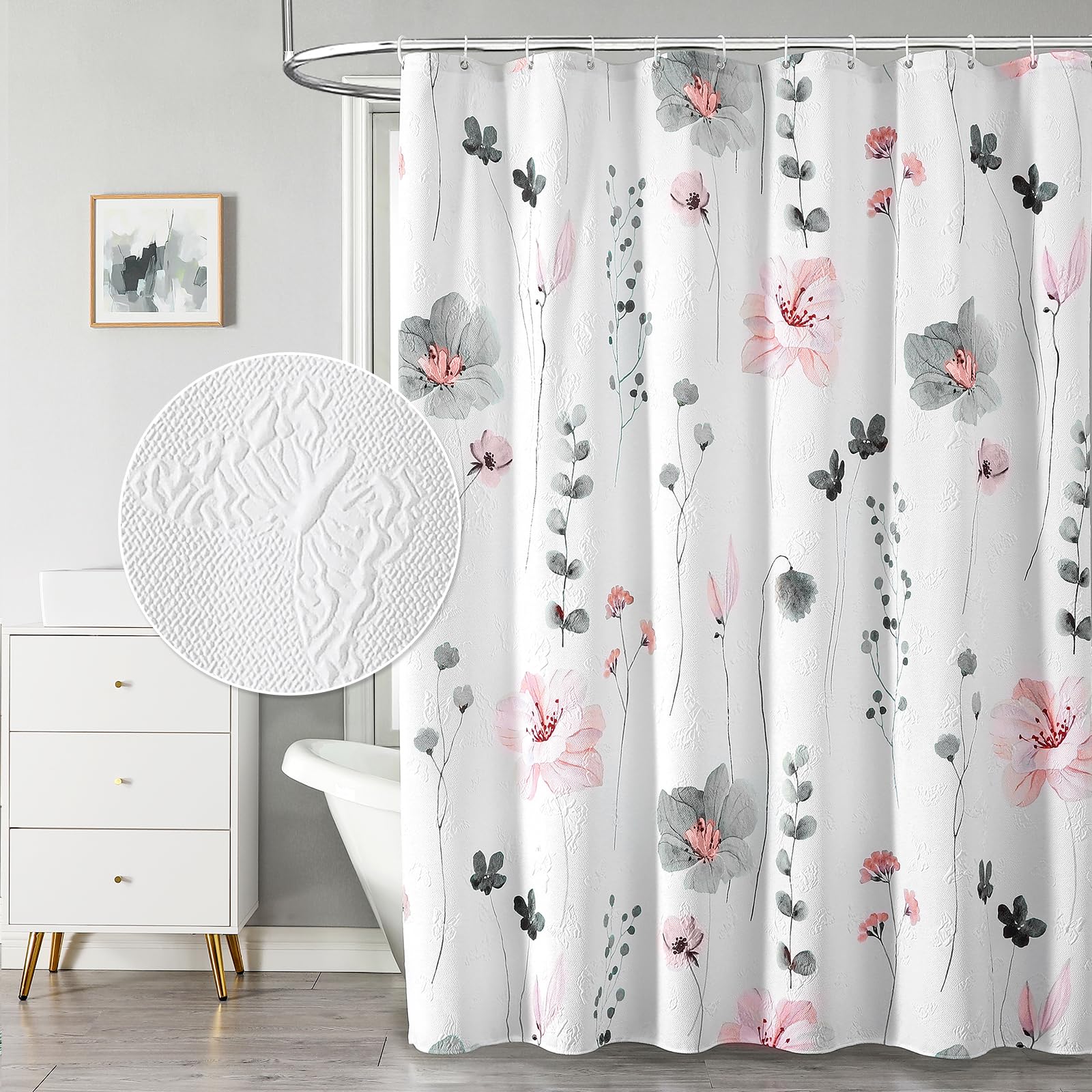 QiyI Watercolor Floral Shower Curtain, 3D Embossed Butterflies Grey Beige Flower Bathroom Curtains, Minimalist White Cloth Bath Curtain, Waterproof Fabric Textured Shower Curtain Set with Hooks, 72x72