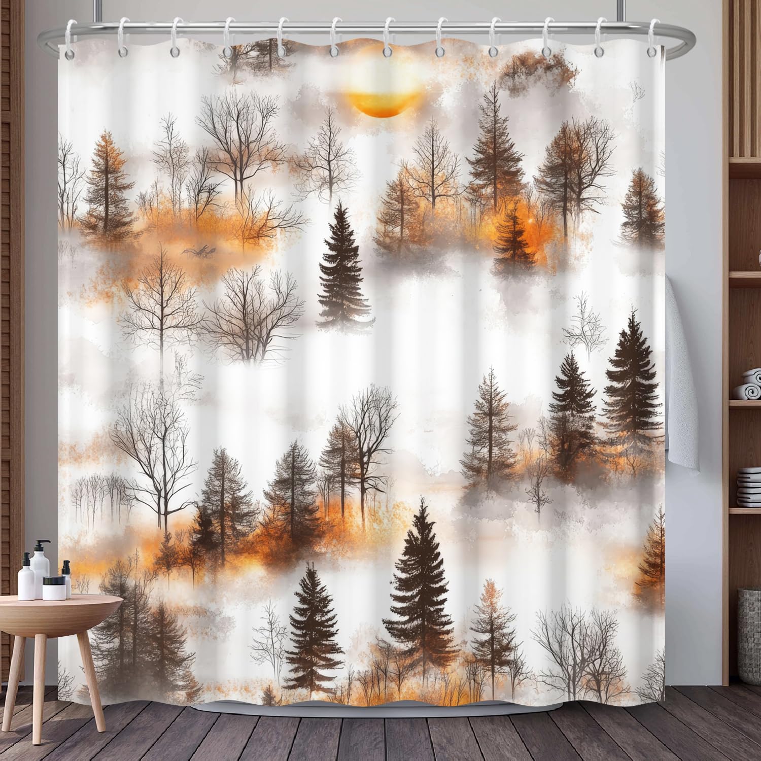 Mountain Landscape Shower Curtain with Hooks, Zen Inspired Design with Birds & Scenic Path, Waterproof Fabric Bath Curtain for Nature Lovers Bathroom Decor, 71x74 Inch