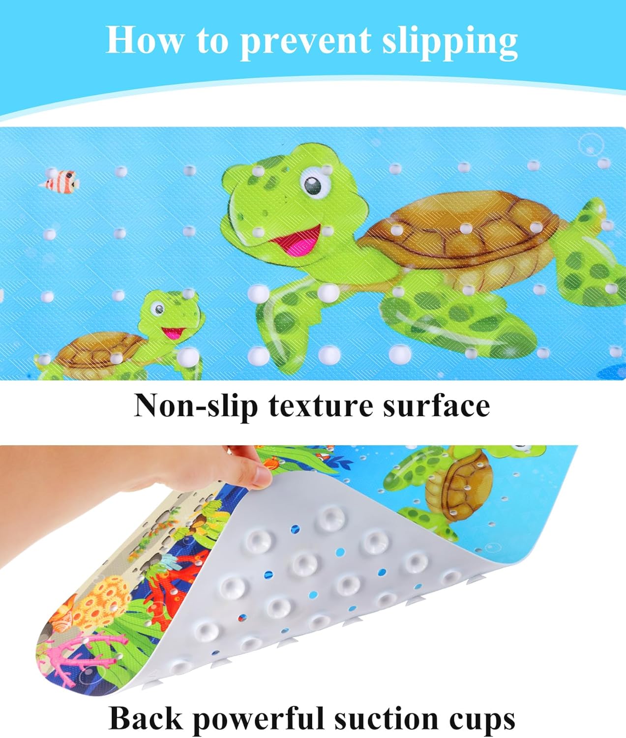 Secopad Bath Mat for Tub Non Slip, Machine Washable Anti-Slip Cartoon Baby Bathtub Shower Mat with Drain Holes and Suction Cups for Toddler & Kids (40 Inch x 16 Inch-Rectangular, Turtles)