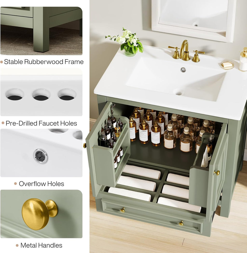 Tribesigns 30" Modern Bathroom Vanity with Sink, Freestanding Bathroom Vanities Cabinet with Ceramic Basin Combo, Bathroom Sink Cabinet with 2 Doors and 1 Drawer, Solid Wooden Frame, Olive Green