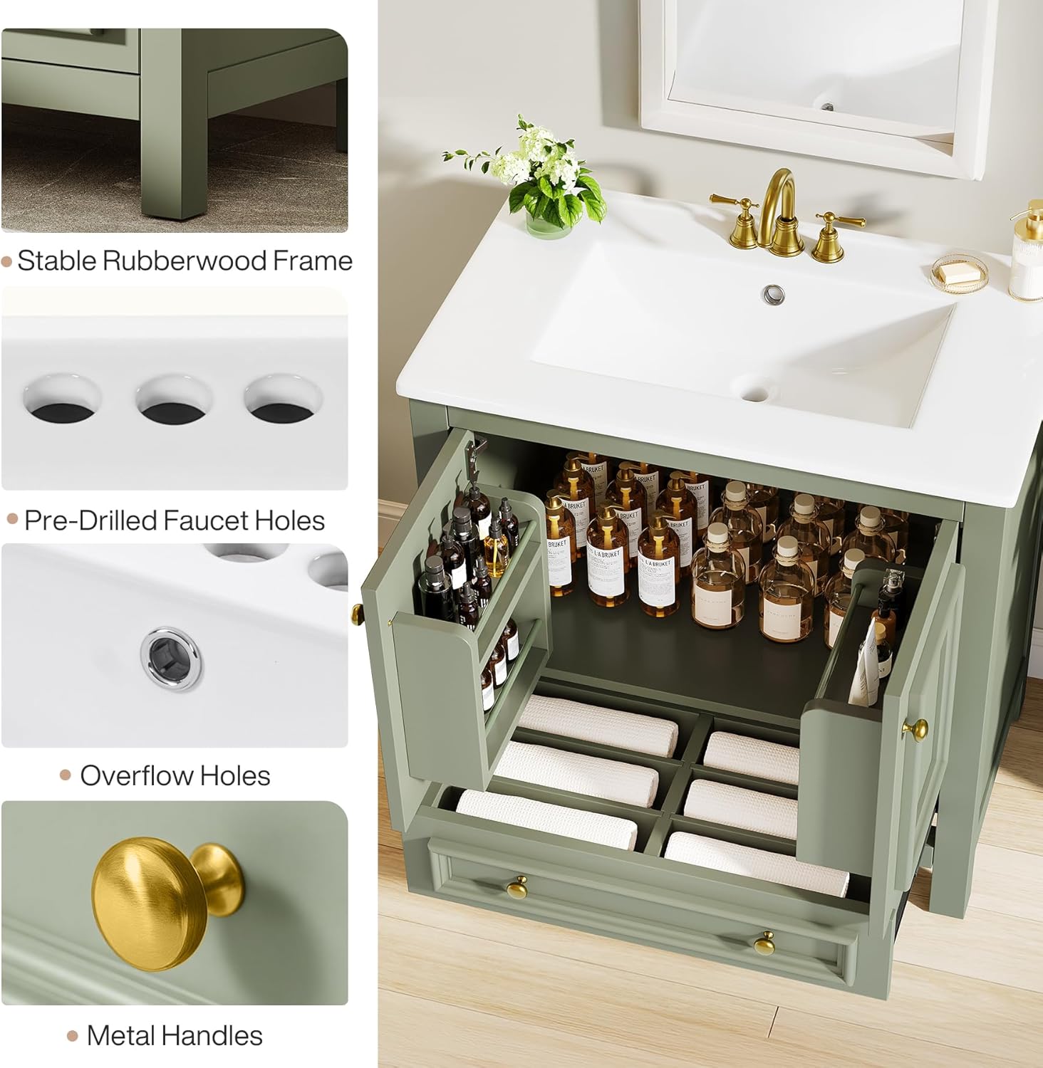 Tribesigns 30" Modern Bathroom Vanity with Sink, Freestanding Bathroom Vanities Cabinet with Ceramic Basin Combo, Bathroom Sink Cabinet with 2 Doors and 1 Drawer, Solid Wooden Frame, Olive Green