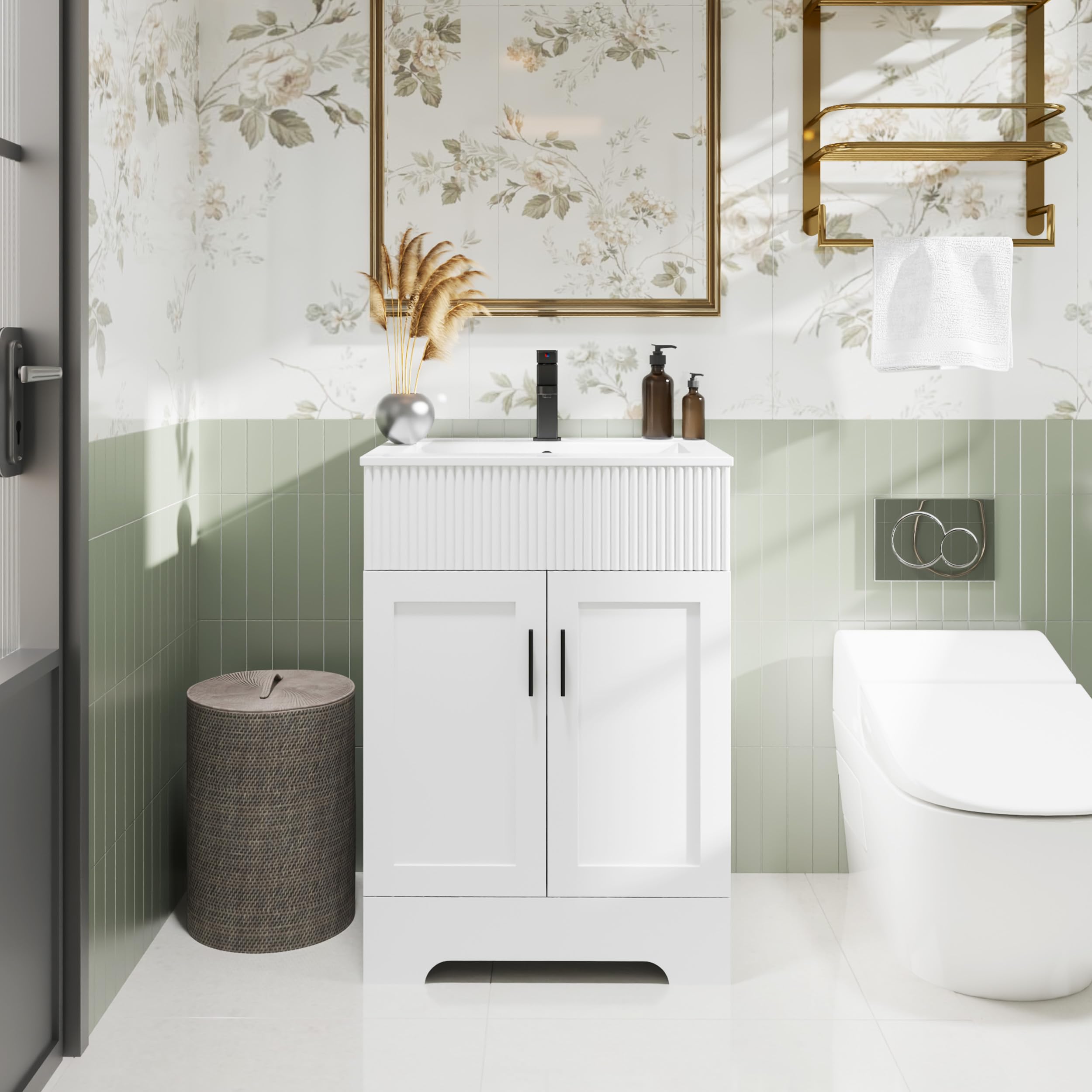 eclife 36" Bathroom Vanities Sink Combo with Painted Surface, Modern Drawered Cabinet W/Decorative Wave Lines, Undermount Single Sink, Matte Black Faucet Drain, Gray Green