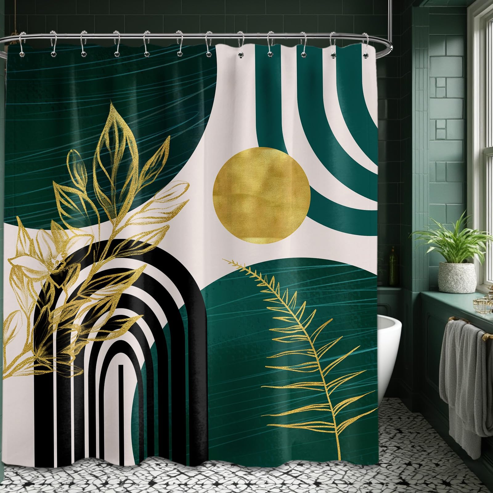 Mid Century Modern Black and Brown Shower Curtain Boho Beige and Dark Tan Gold Shower Curtains for Mens Bathroom Decor Sets, Waterproof Cloth Fabric with Hooks, 70x72in