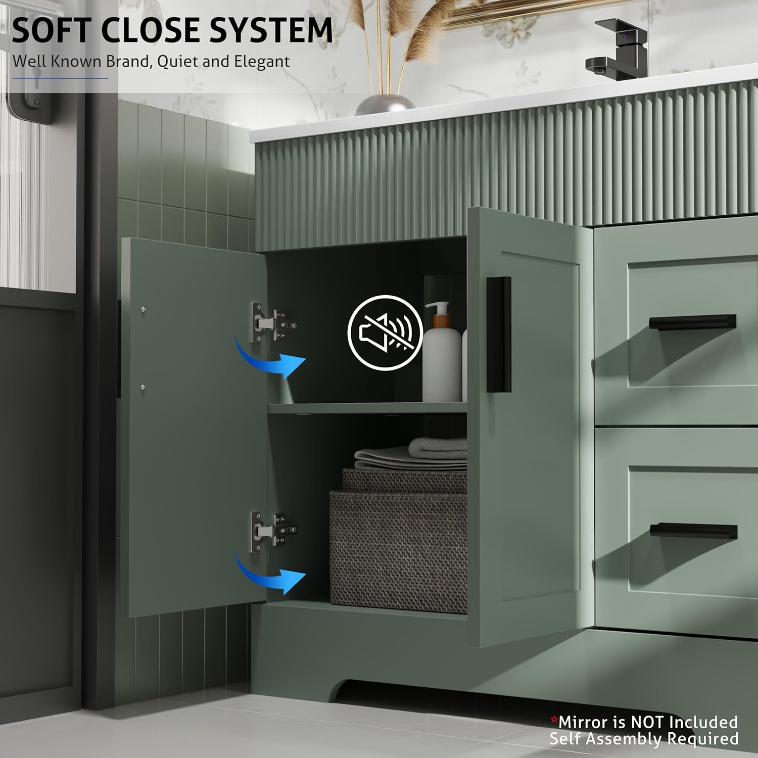 eclife 36" Bathroom Vanities Sink Combo with Painted Surface, Modern Drawered Cabinet W/Decorative Wave Lines, Undermount Single Sink, Matte Black Faucet Drain, Gray Green