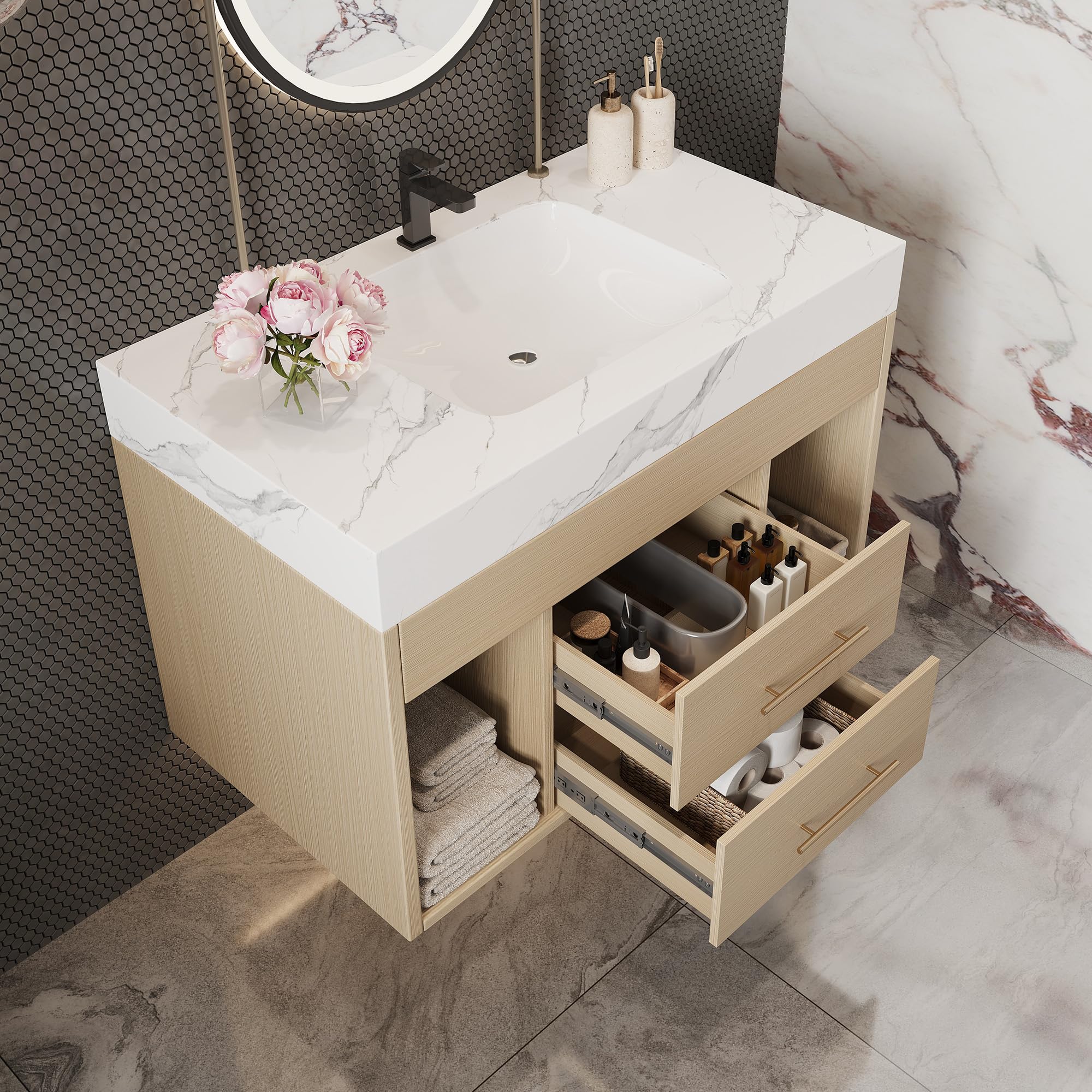 Glintee 36" Modern Bathroom Vanity with Ceramic Sink – Sintered Stone Top, 4 Soft-Close Drawers, Sturdy Solid Wood Cabinet, Wall-Mounted or Freestanding, Easy Assembly, Black & White