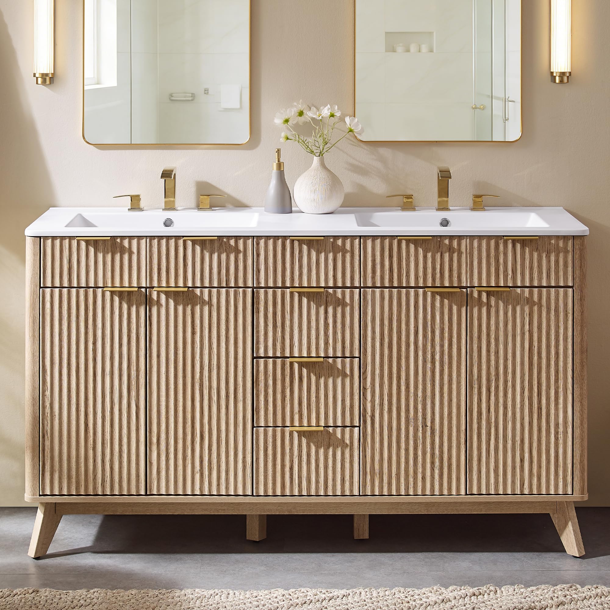 T4TREAM 30" Fluted Bathroom Vanity with Ceramic Sink Combo，Freestanding Modern Bathroom Storage Vanity Cabinet with 2 Soft Closing Doors & 3 Drawers，Wood Grain Texture，Metal Handle，Natural Oak | Fluted, Freestanding, Modern, Bathroom Storage, Vanity Cabin