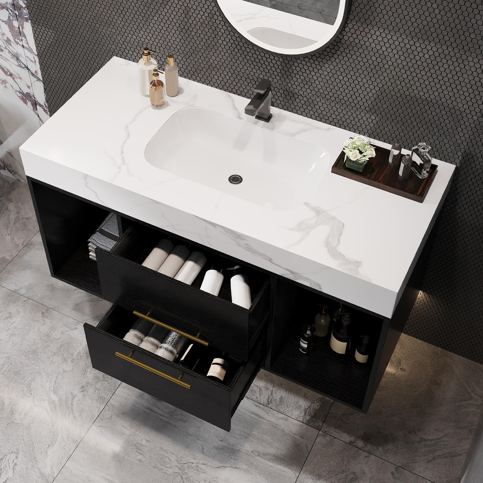 Glintee 36" Modern Bathroom Vanity with Ceramic Sink – Sintered Stone Top, 4 Soft-Close Drawers, Sturdy Solid Wood Cabinet, Wall-Mounted or Freestanding, Easy Assembly, Black & White