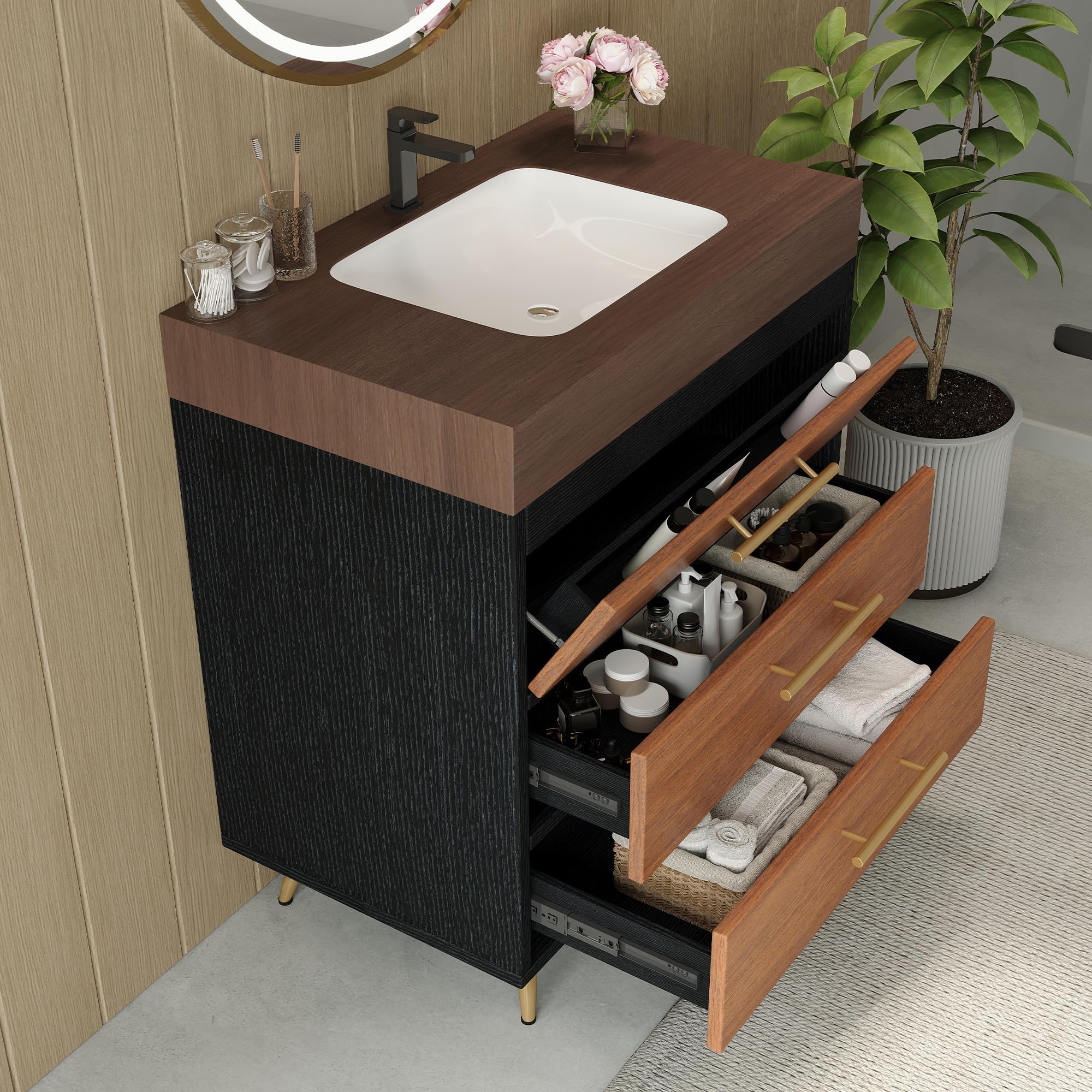 Glintee 36" Modern Bathroom Vanity with Ceramic Sink – Sintered Stone Top, 4 Soft-Close Drawers, Sturdy Solid Wood Cabinet, Wall-Mounted or Freestanding, Easy Assembly, Black & White