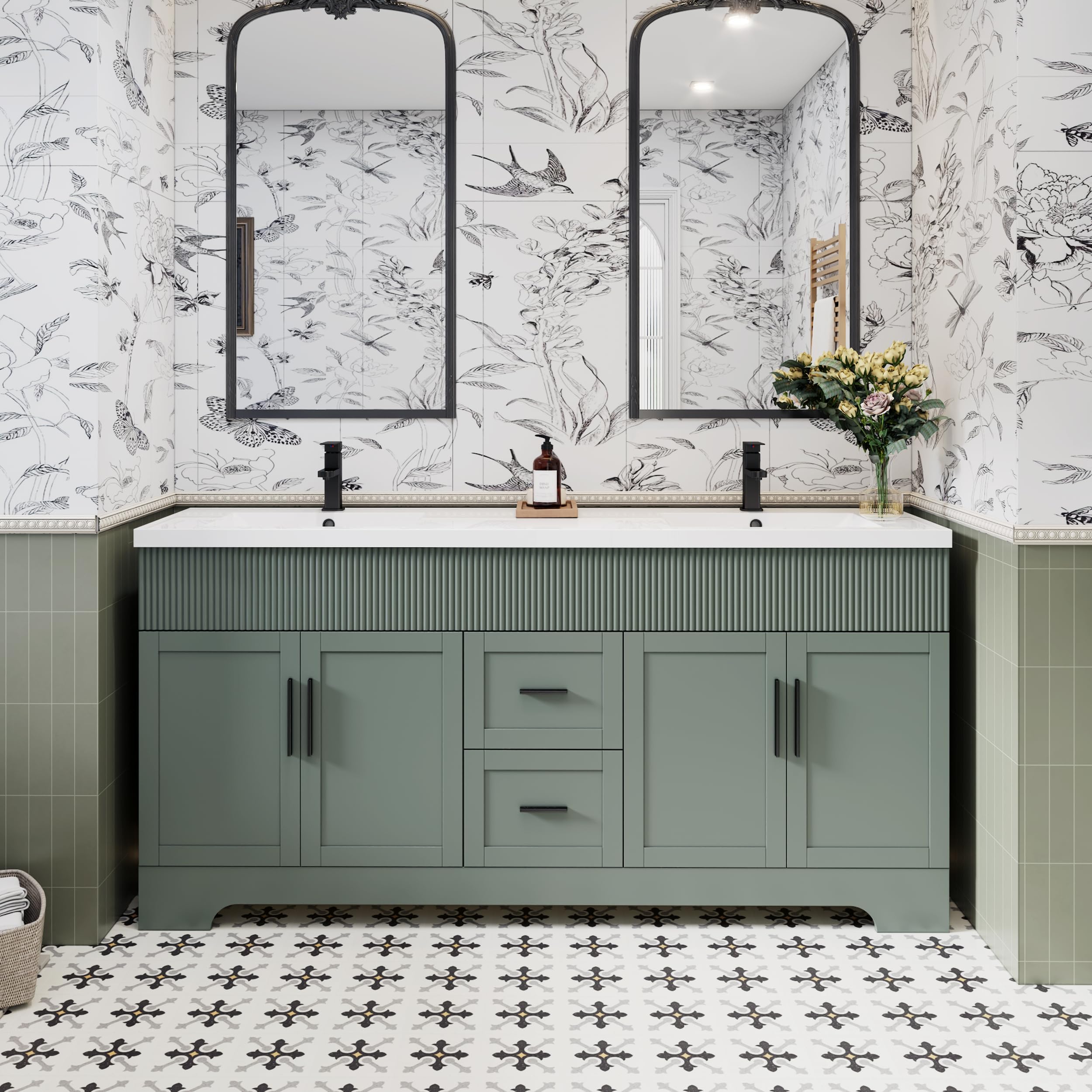 eclife 36" Bathroom Vanities Sink Combo with Painted Surface, Modern Drawered Cabinet W/Decorative Wave Lines, Undermount Single Sink, Matte Black Faucet Drain, Gray Green