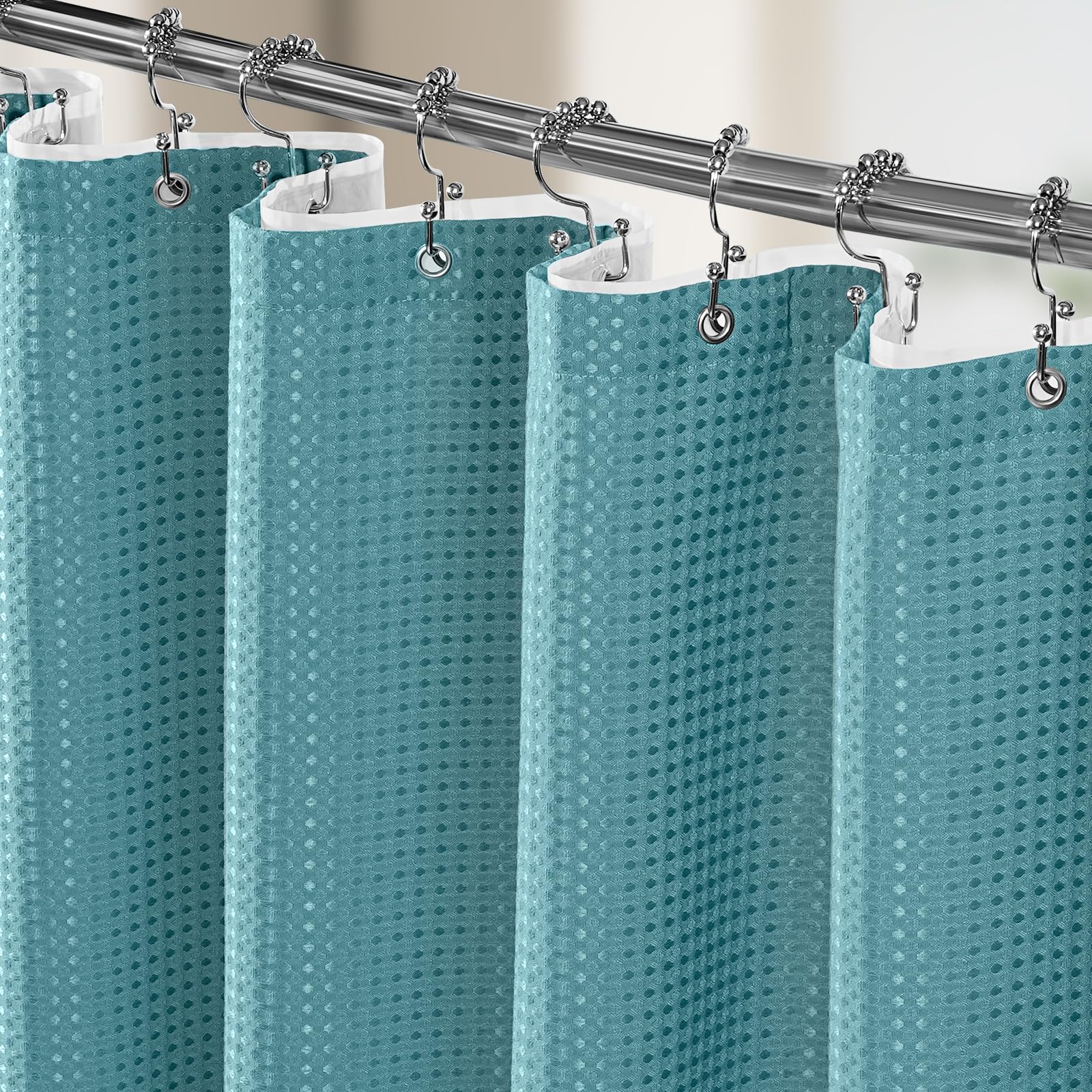 Vipfree 3 in 1 Shower Curtain Set, Waffle Shower Curtain and Liner Set with 12 Double Sided Shower Curtain Hooks, 258GSM Luxury Weighted Cloth Shower Curtains for Bathroom, 72 W x 72 H, White