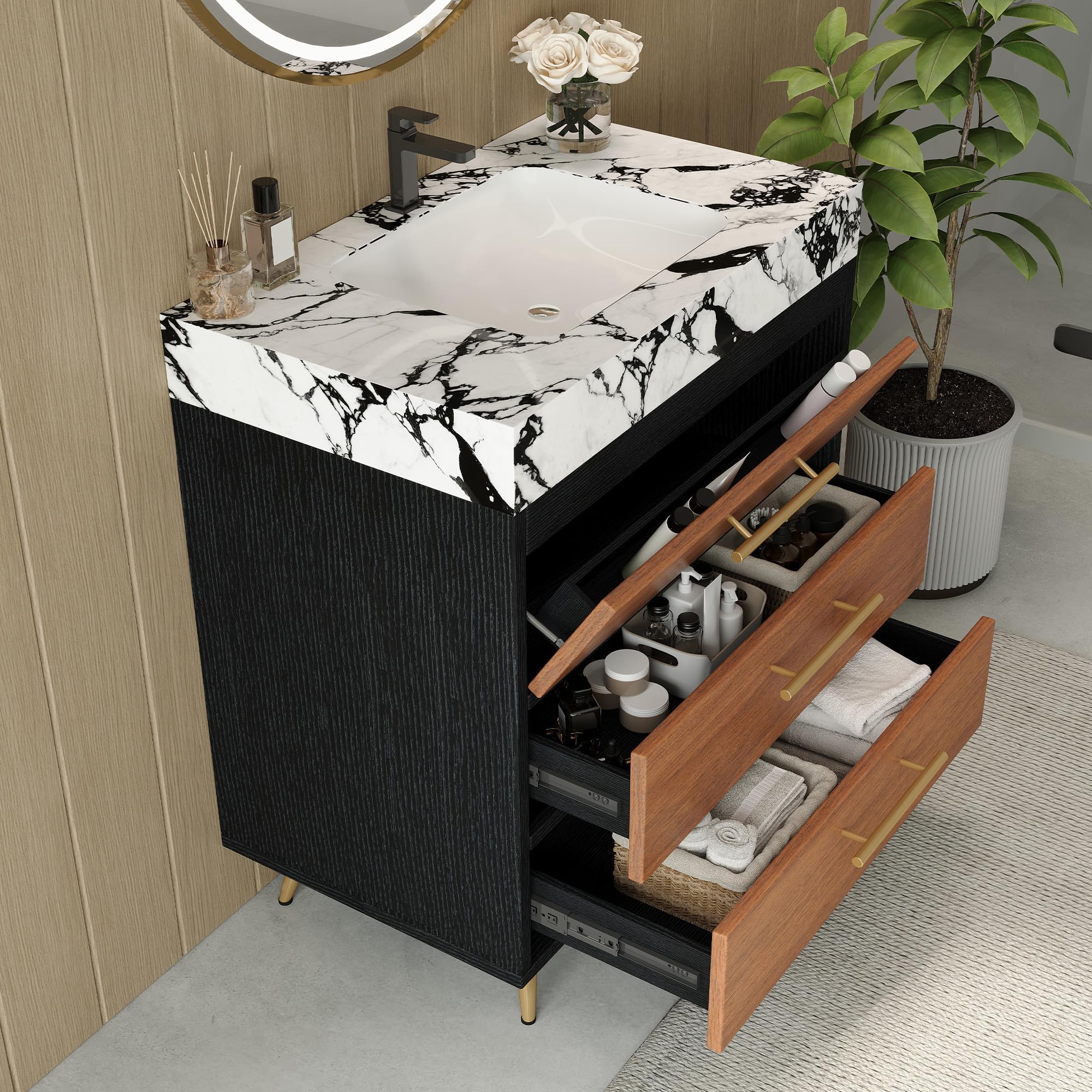 Glintee 36" Modern Bathroom Vanity with Ceramic Sink – Sintered Stone Top, 4 Soft-Close Drawers, Sturdy Solid Wood Cabinet, Wall-Mounted or Freestanding, Easy Assembly, Black & White